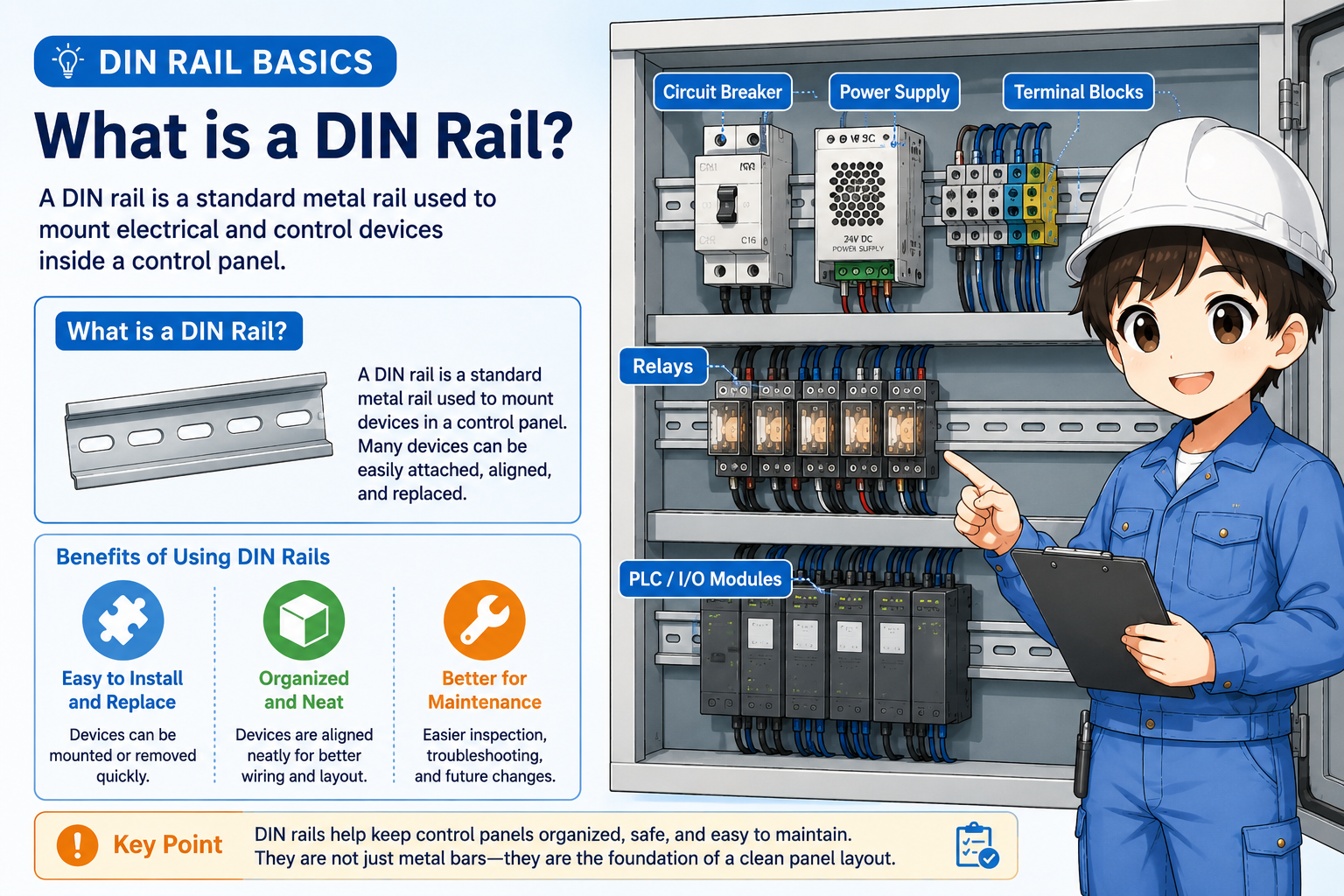 Overview of a DIN rail inside a control panel with several devices mounted on it
