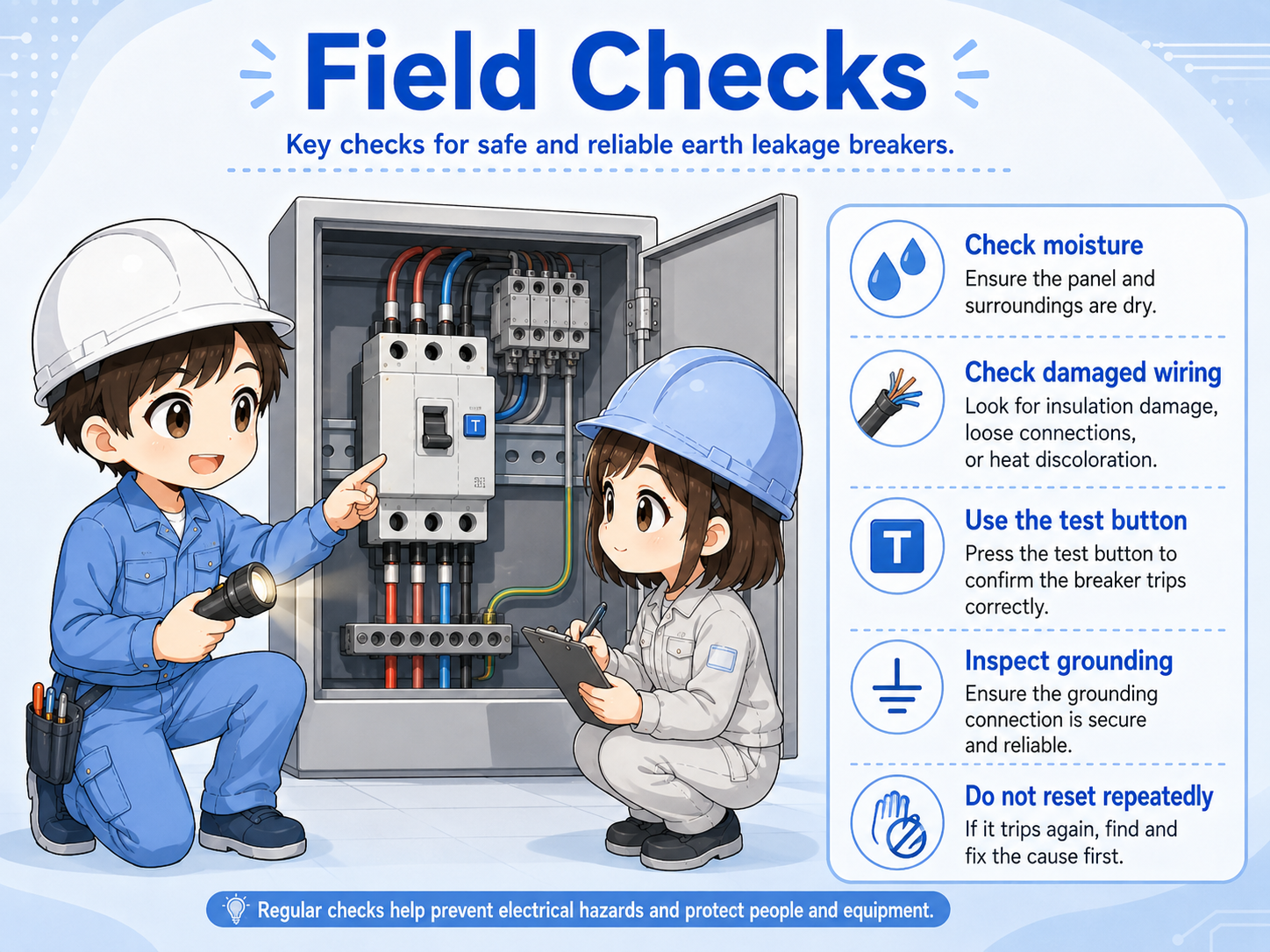 Field checklist for earth leakage breaker trips including moisture wiring insulation load equipment and reset cautions