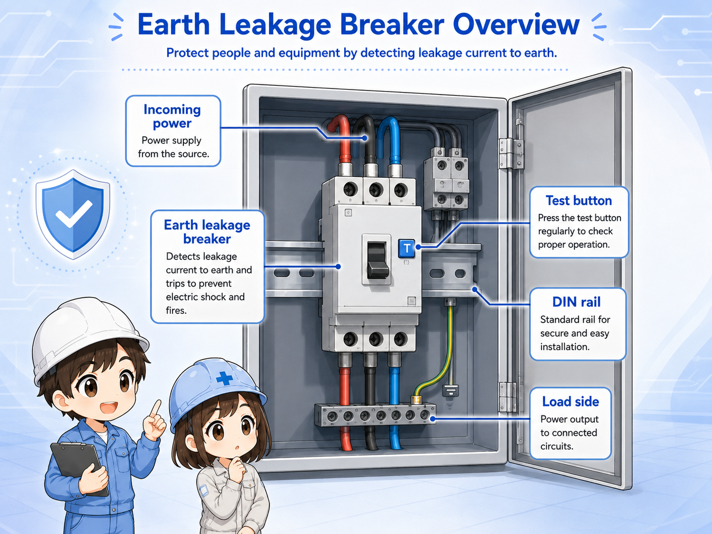 Overview of an earth leakage breaker detecting leakage current in an electrical circuit