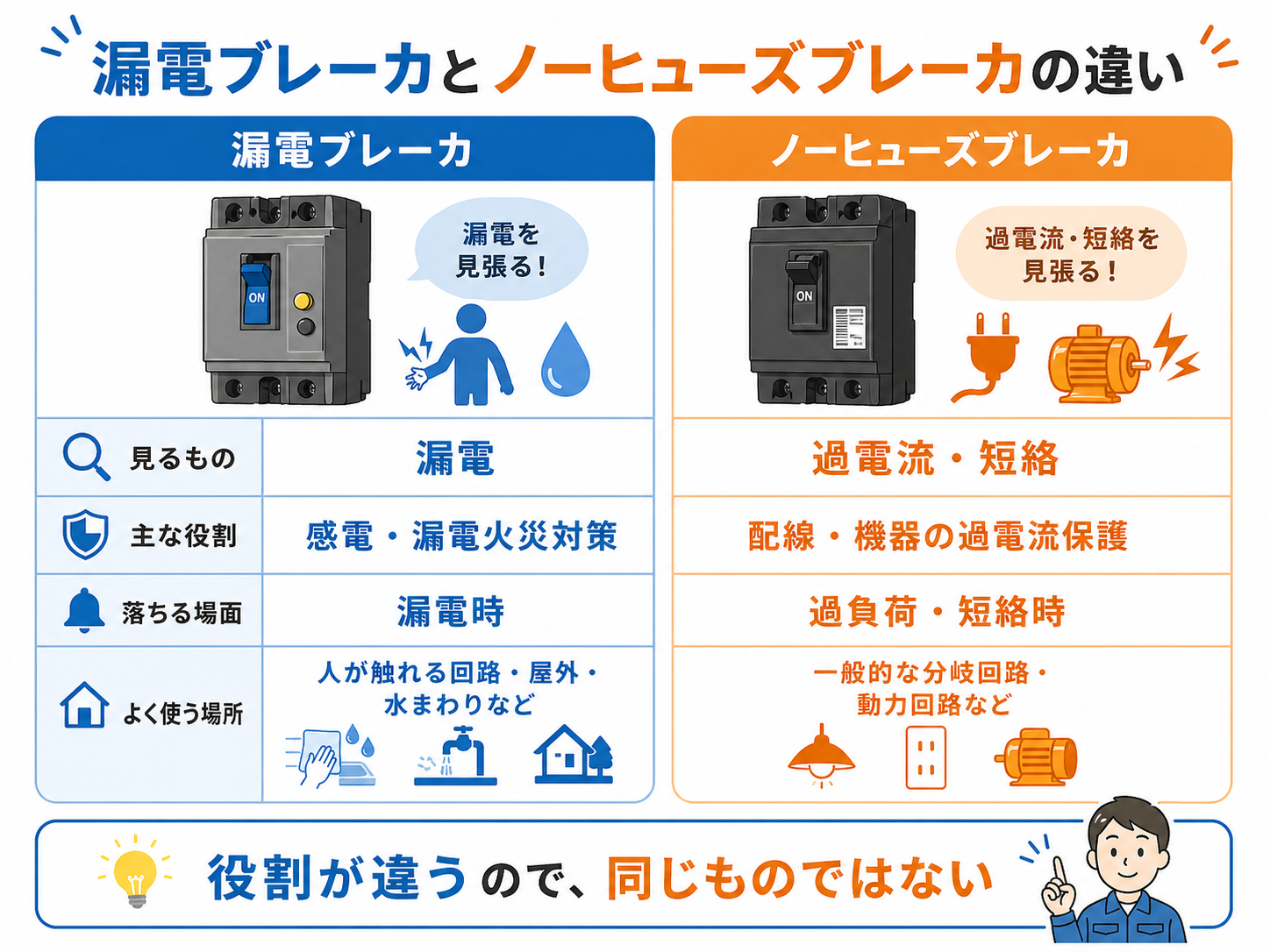 漏電ブレーカとノーヒューズブレーカの違いを比較する図解