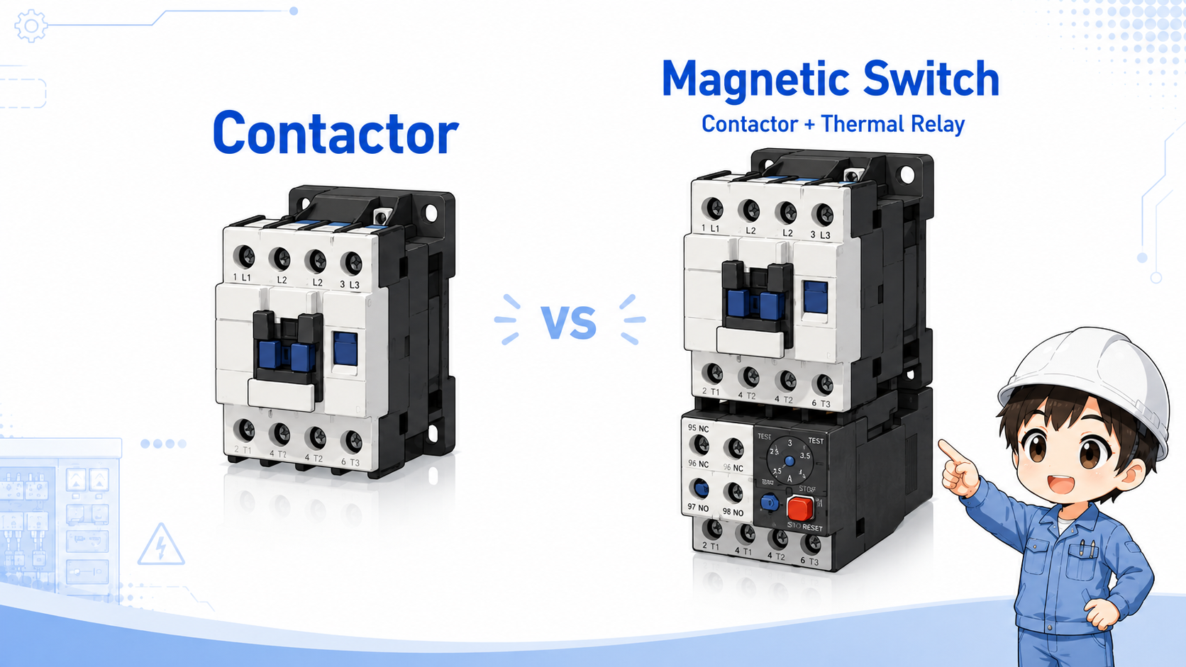 Comparison between a contactor alone and a magnetic switch with overload protection