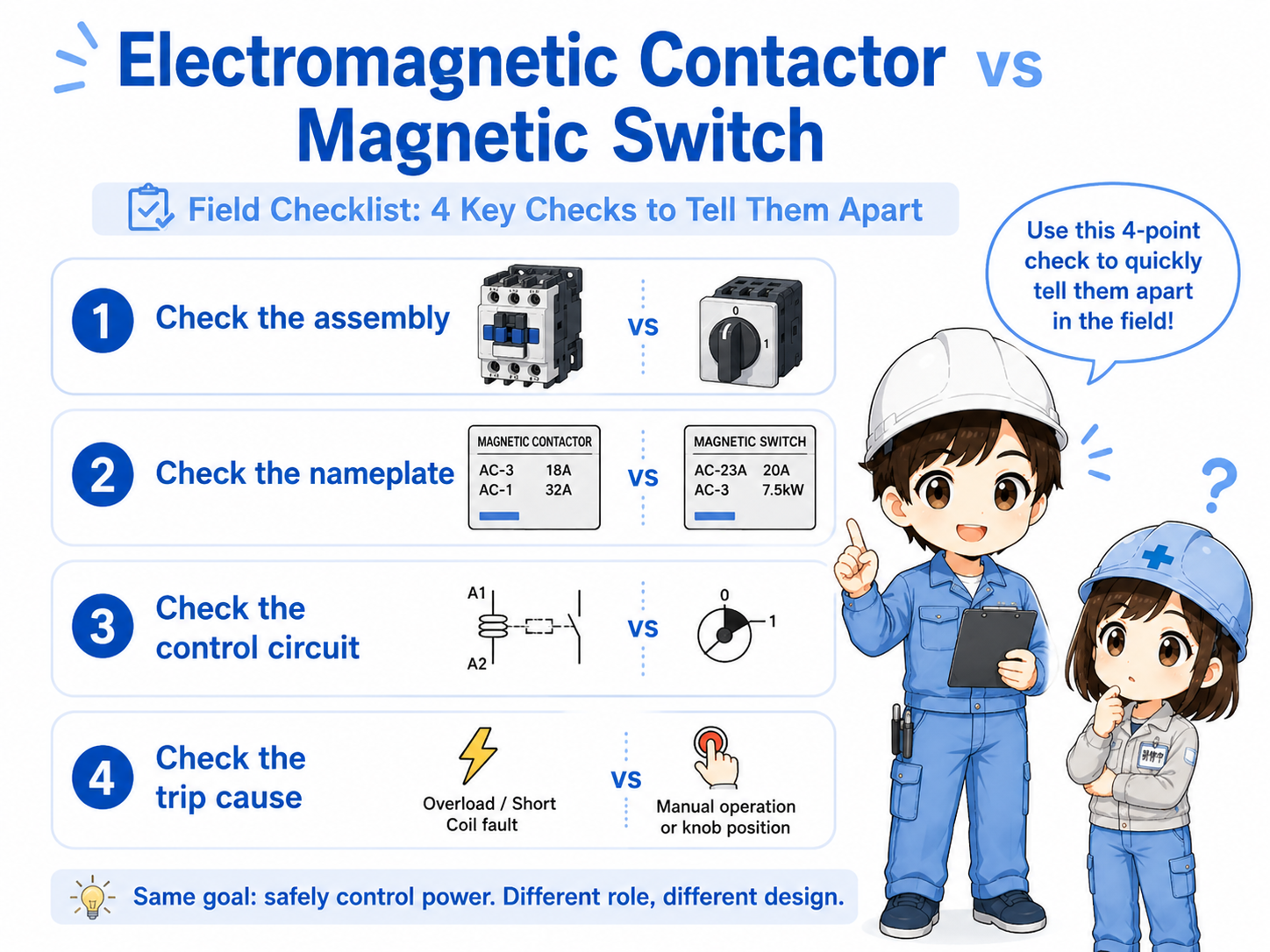 Field checklist for distinguishing contactor and magnetic switch parts