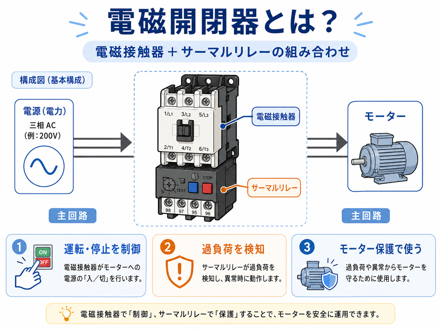 電磁開閉器が電磁接触器とサーマルリレーの組み合わせであることを示す図解