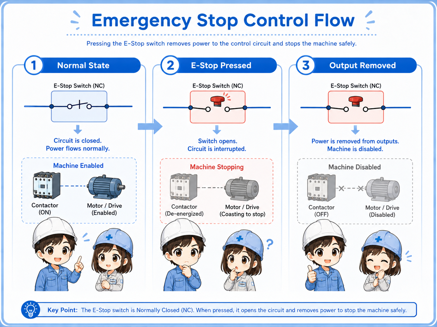 Basic control flow from emergency stop switch to safety relay and output removal