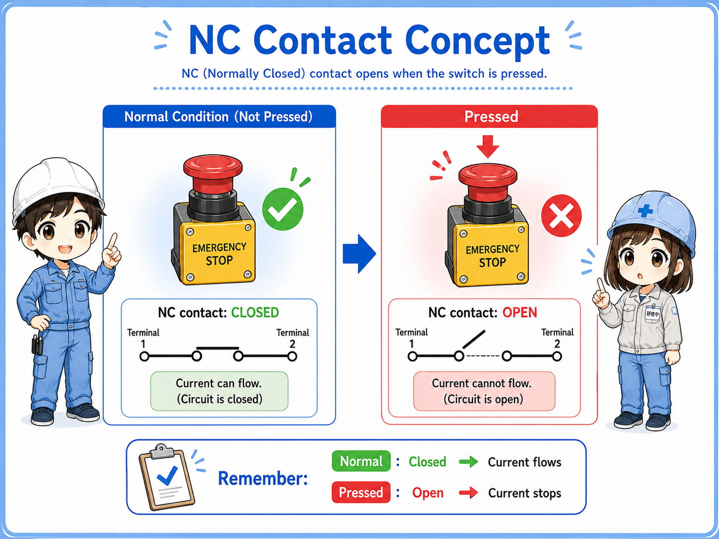 Emergency stop switch NC contact closed during normal condition and open when pressed