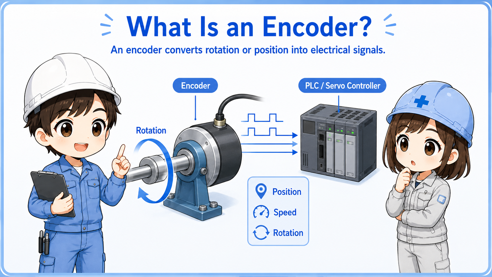 Overview of an encoder converting shaft rotation into electrical pulse signals for a PLC or controller