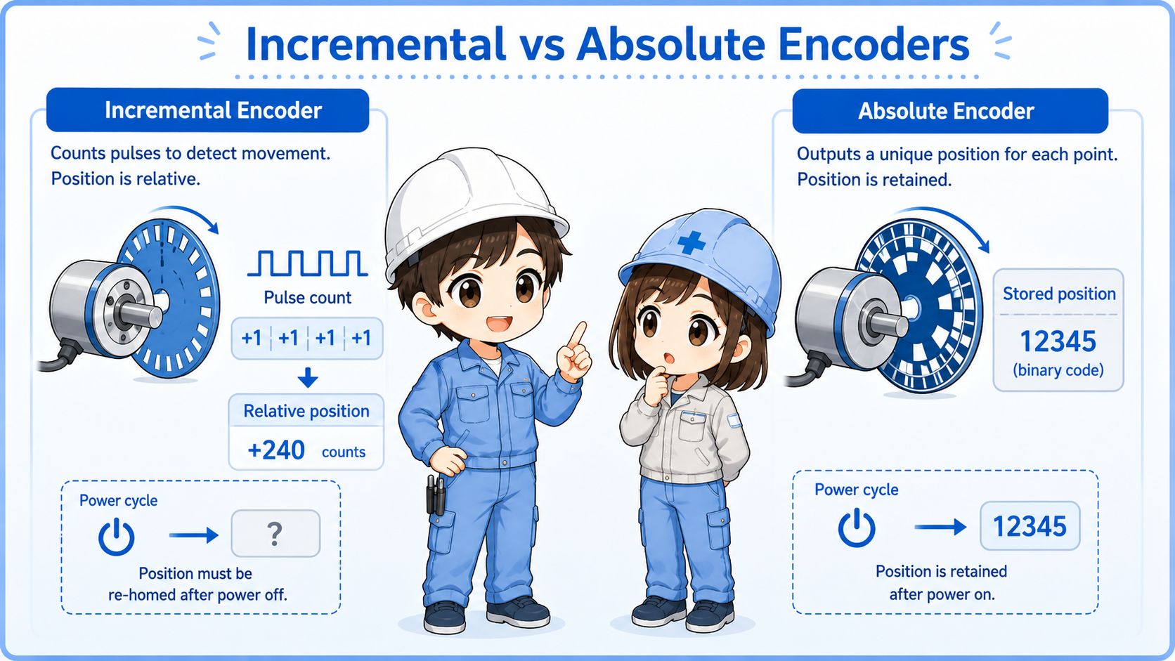 Comparison of incremental and absolute encoders showing pulse count and stored position concepts