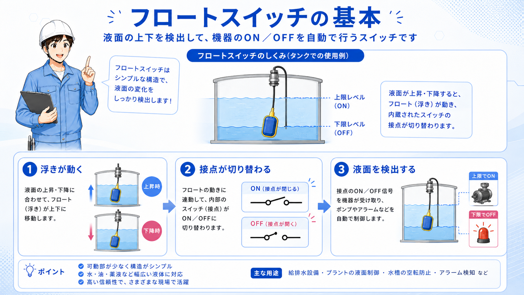 フロートスイッチが液面変化で接点を切り替えるイメージ図