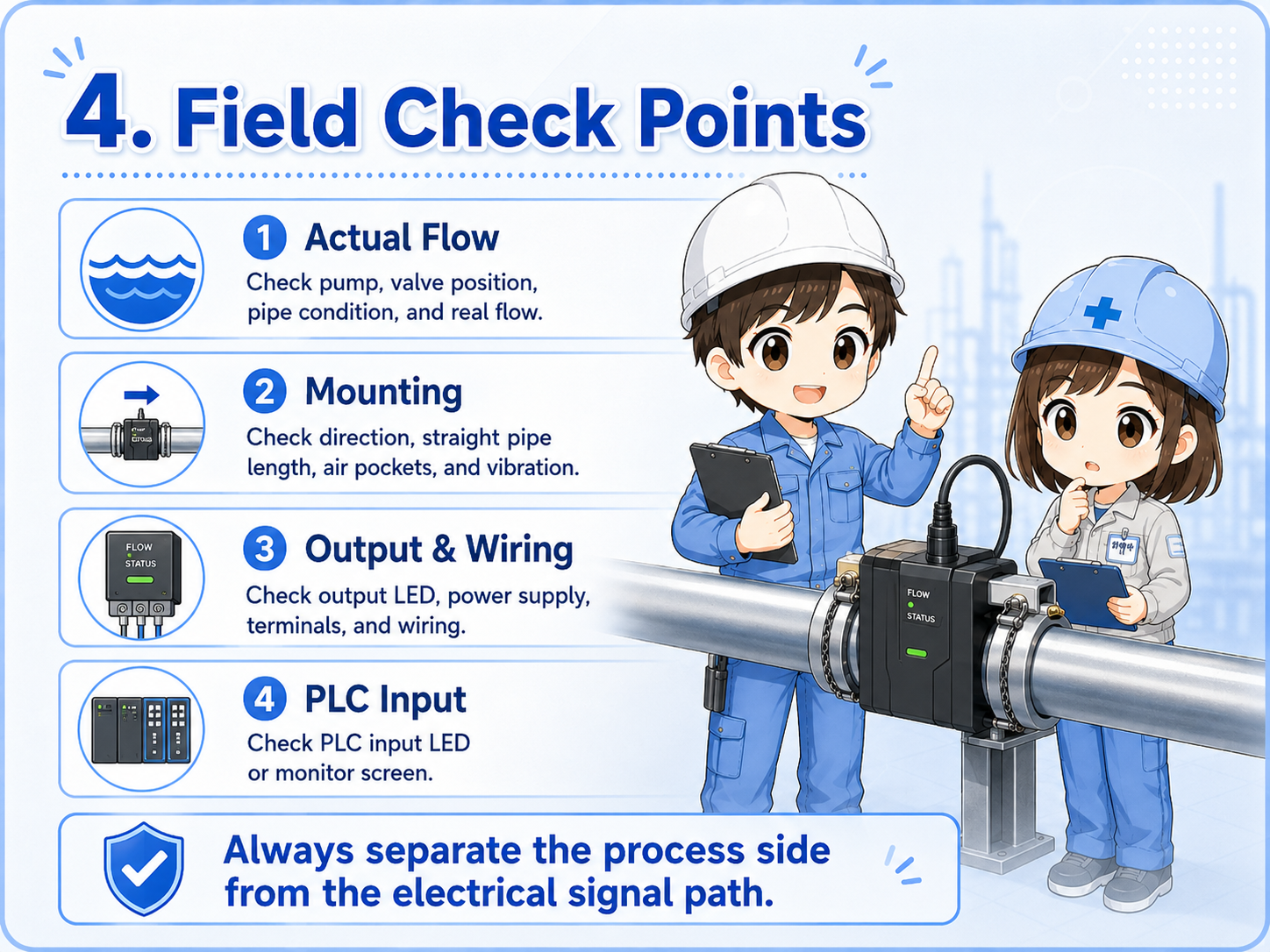 Flow switch field check points including pipe condition, mounting direction, wiring, and PLC monitor