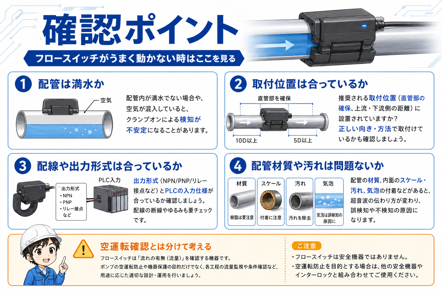 フロースイッチの確認ポイント。配管満水、取付位置、配線や出力形式、配管材質や汚れを整理