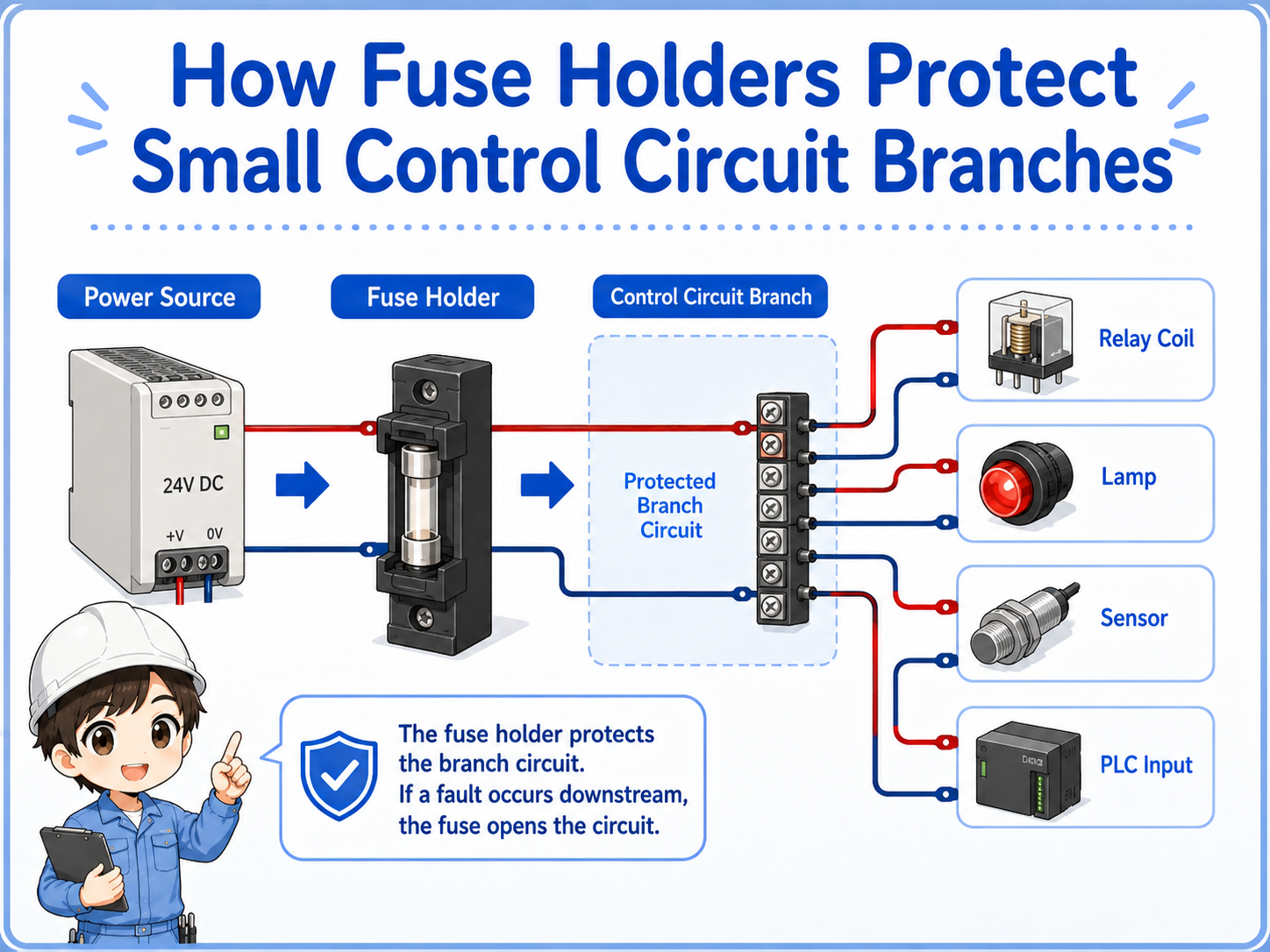 Diagram showing power source through fuse holder to small control circuit branches such as relay, lamp, sensor, and PLC input