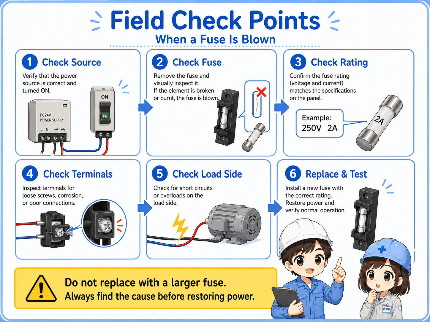 Diagram showing field check points for a fuse holder including source voltage, blown fuse, fuse rating, loose terminals, load-side short, and restart check