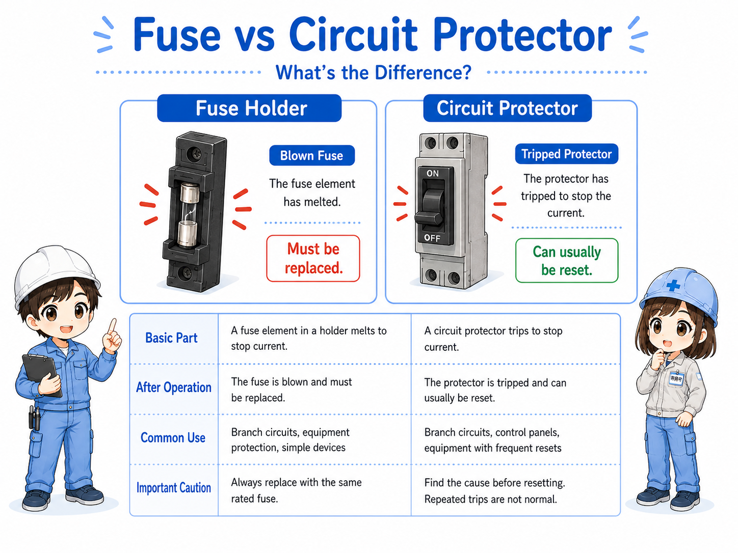 Comparison diagram of fuse holder and circuit protector showing replaceable blown fuse and resettable circuit protector