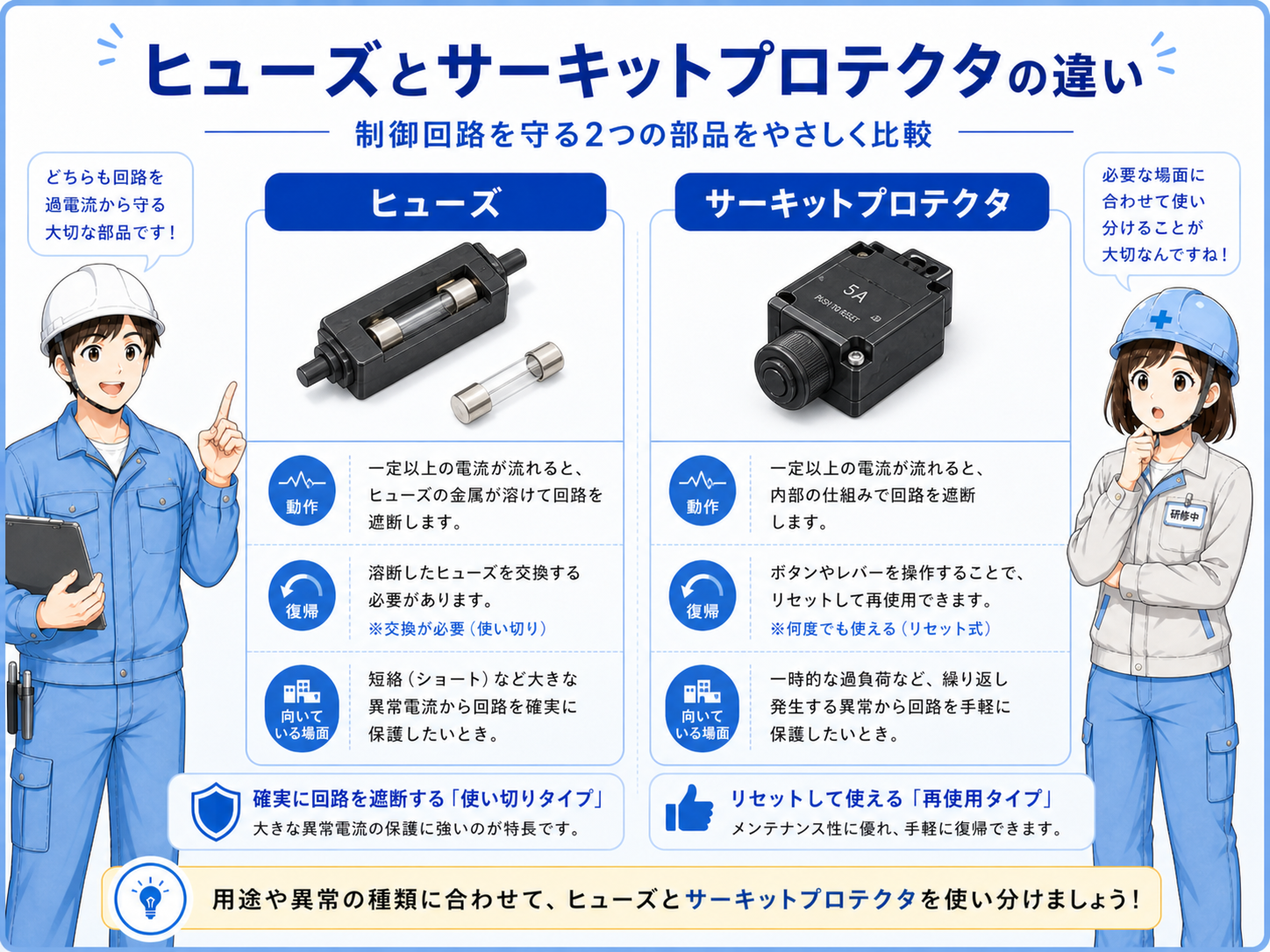 ヒューズホルダーとサーキットプロテクタの違いを比較した図