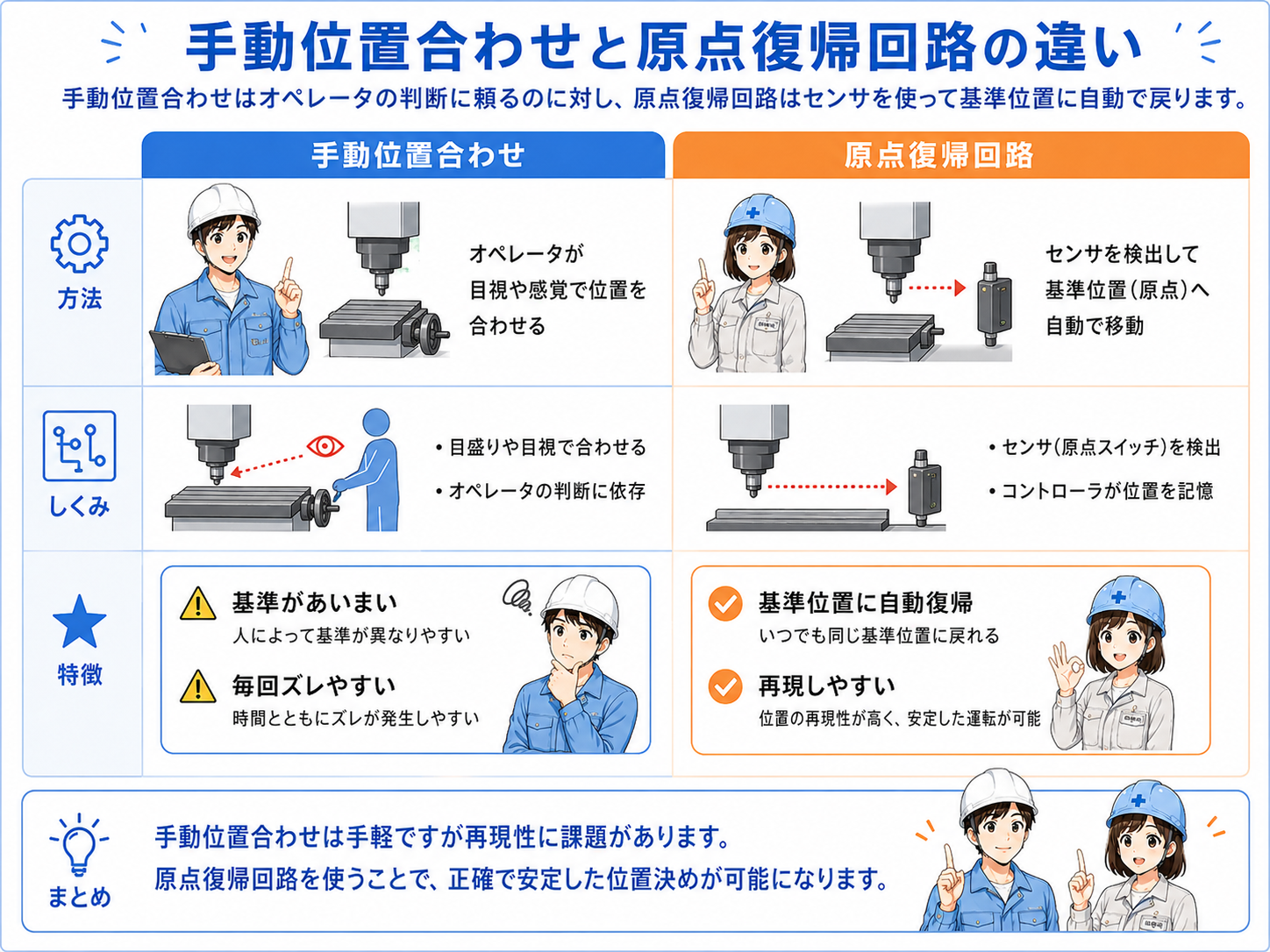手動操作と原点復帰回路の違いを比較した図