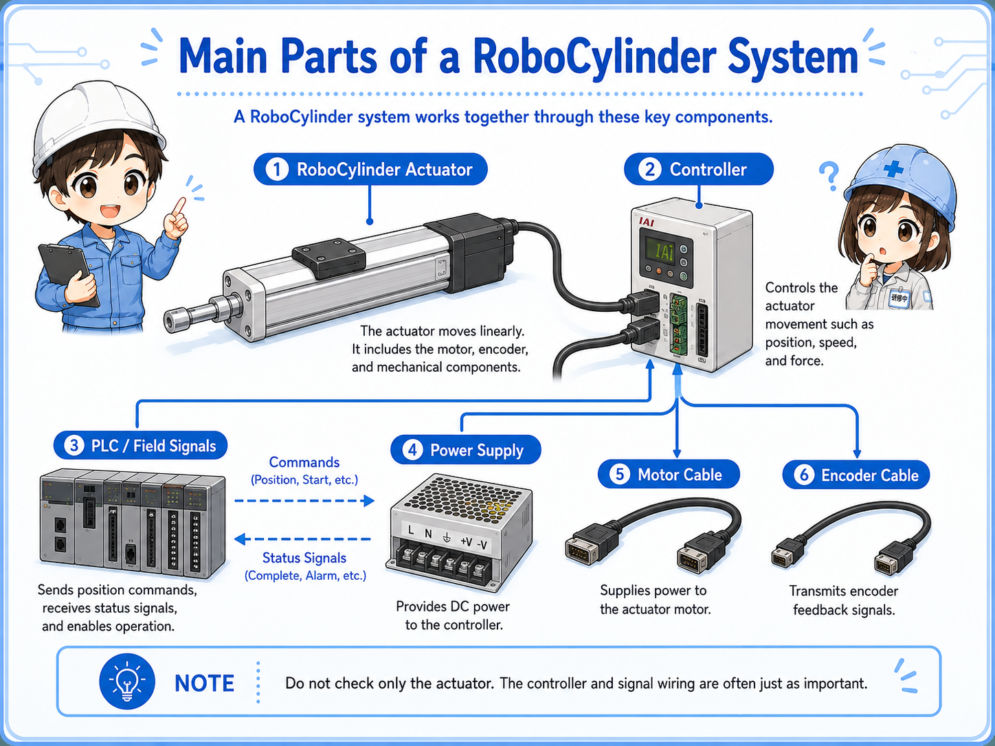 Main parts of an IAI RoboCylinder system including actuator, controller, PLC signals, motor cable, encoder cable, and power supply