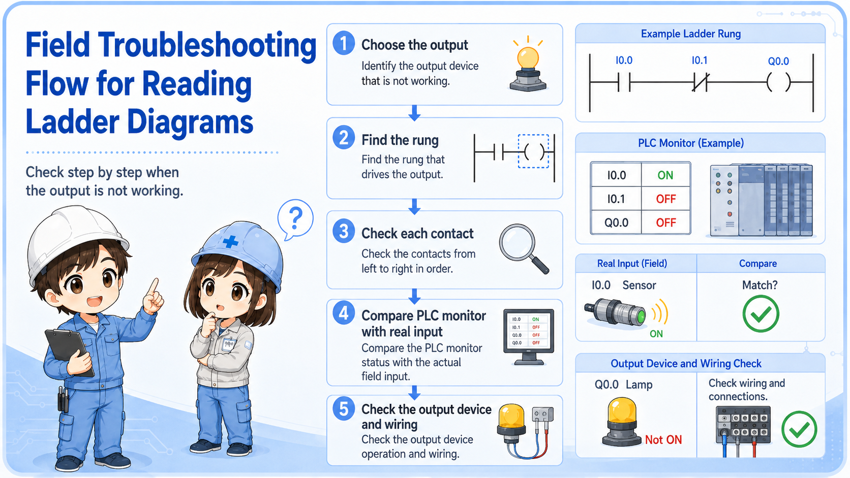 Field troubleshooting flow for reading ladder diagrams