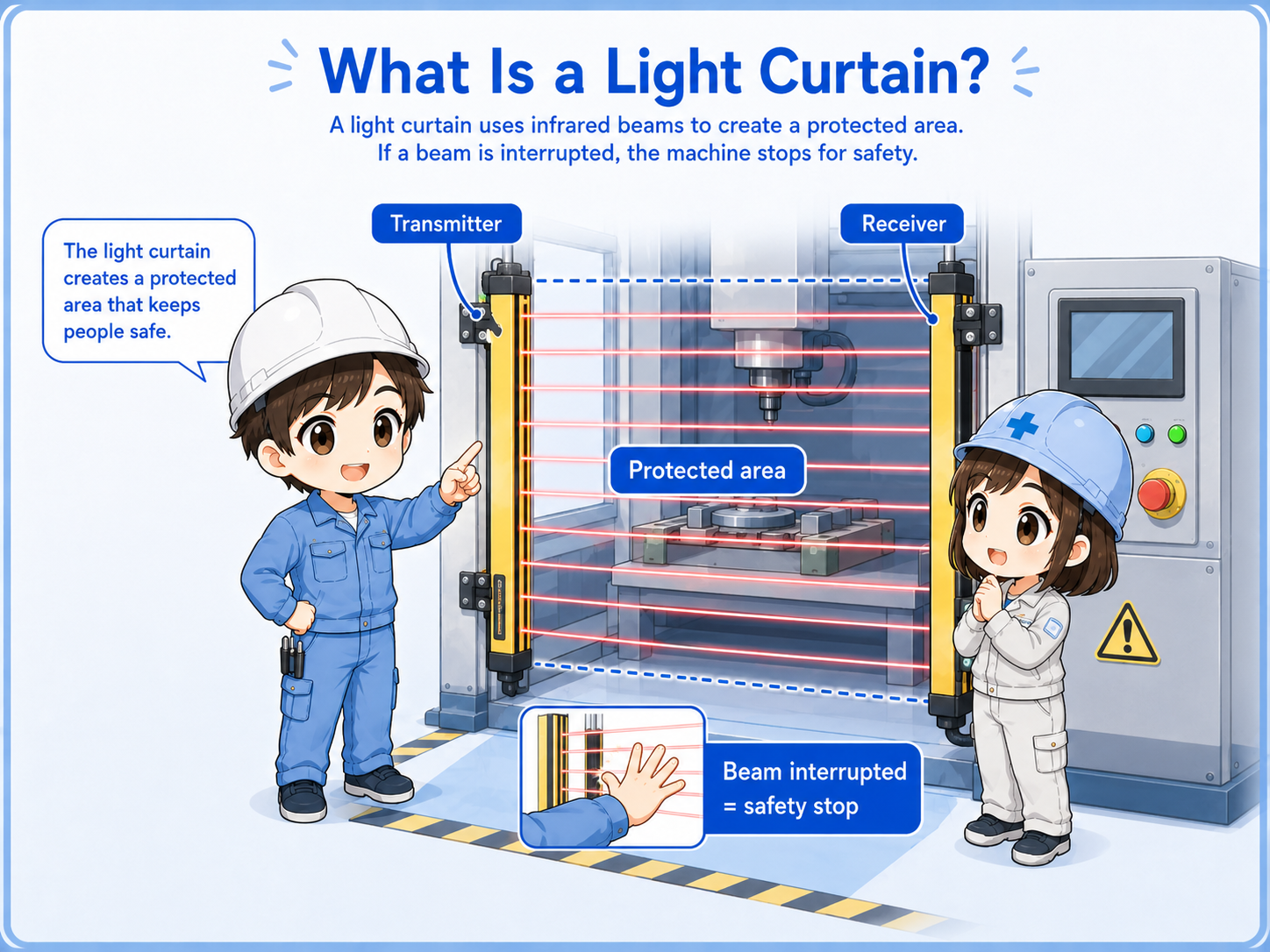 Overview of a light curtain detecting entry into a protected machine area
