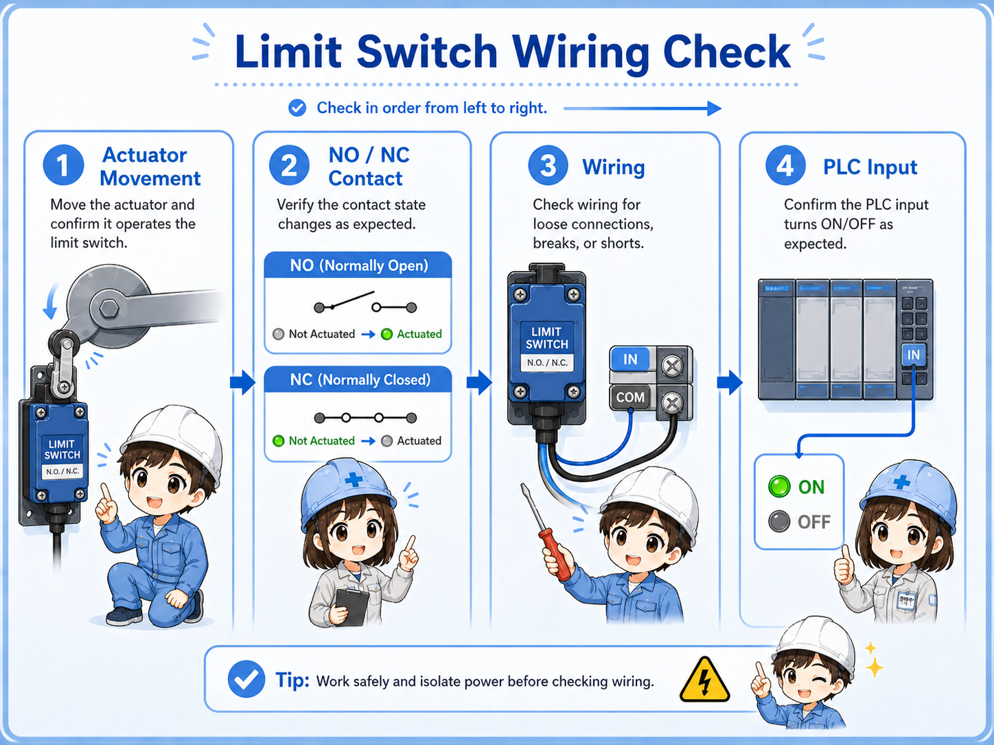 Limit switch wiring and PLC input check procedure