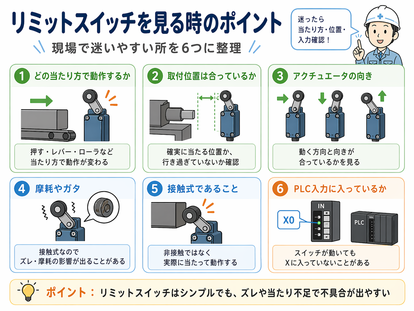 リミットスイッチを現場で確認する時の当たり位置、押し込み量、戻り、PLC入力のポイントをまとめた図