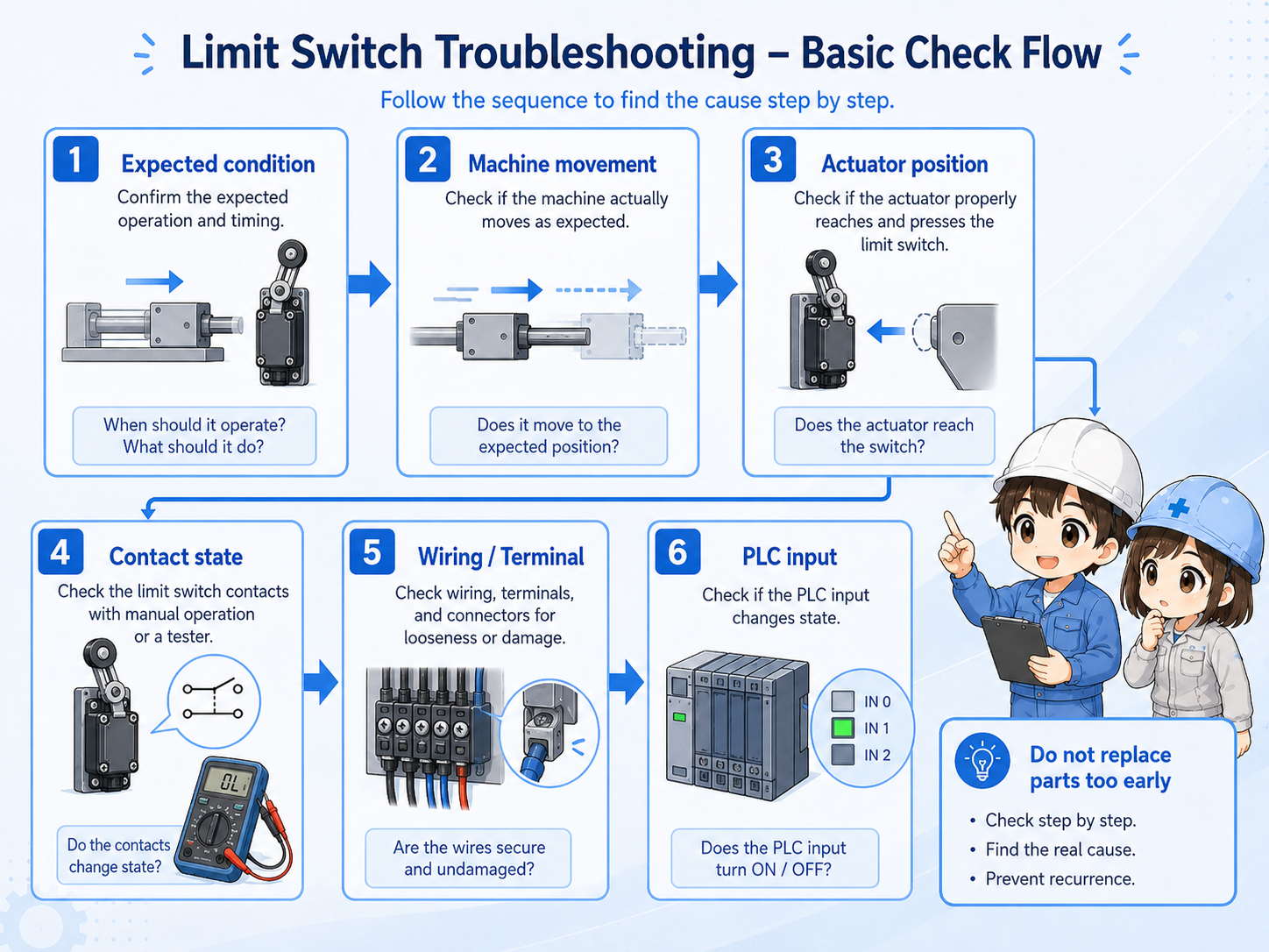 Step-by-step troubleshooting flow for a limit switch that does not respond