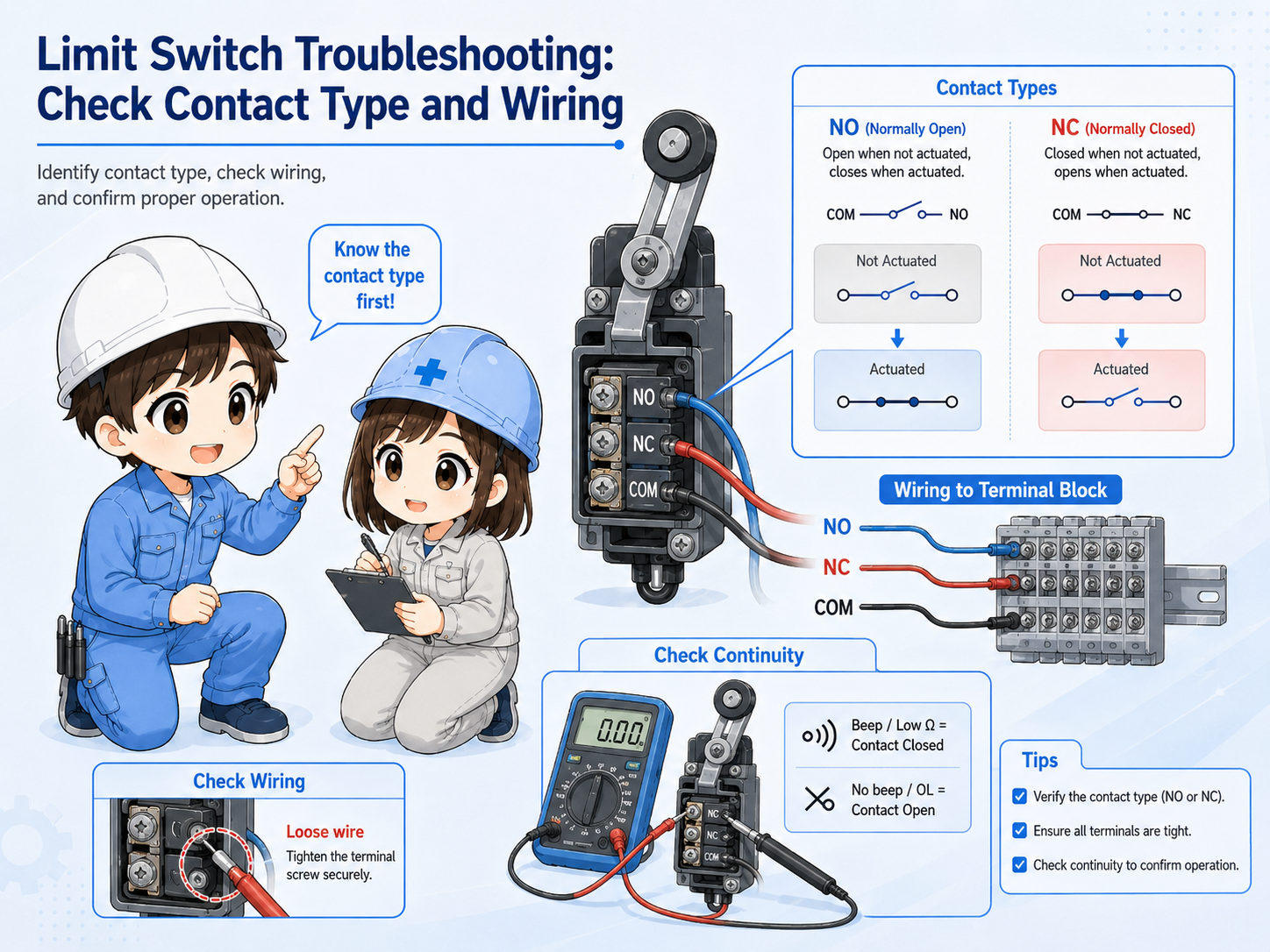 Limit switch contact type and wiring check for NO NC terminals
