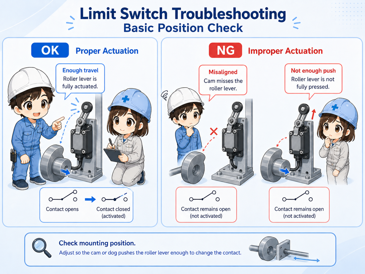 Checking limit switch position, actuator travel, and mechanical alignment