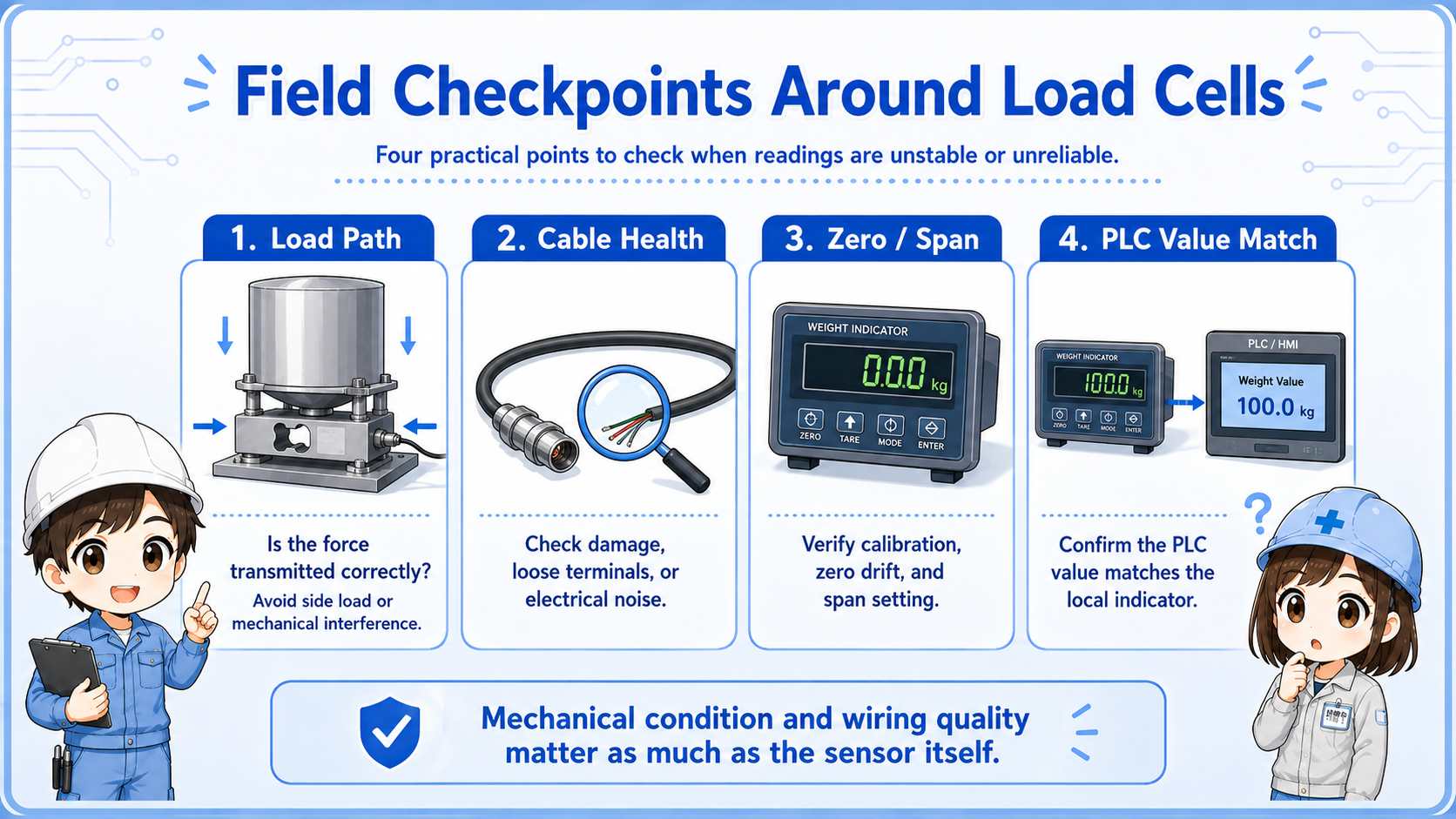 Field checklist for load cell systems including mounting, cable, zero, calibration, and PLC scaling