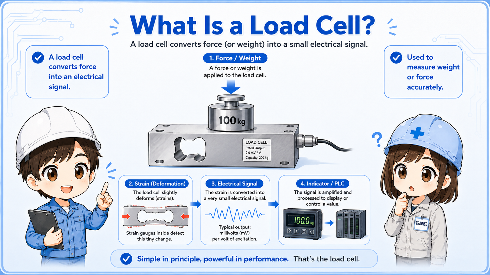 Basic overview of a load cell converting force or weight into an electrical signal