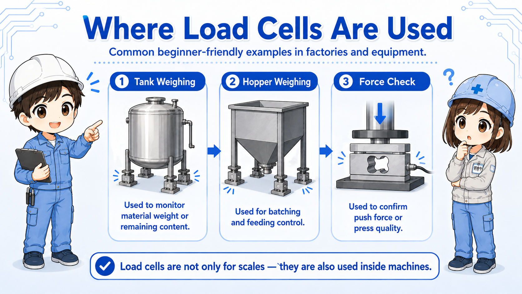 Typical load cell applications including tank weighing, hopper weighing, and force measurement