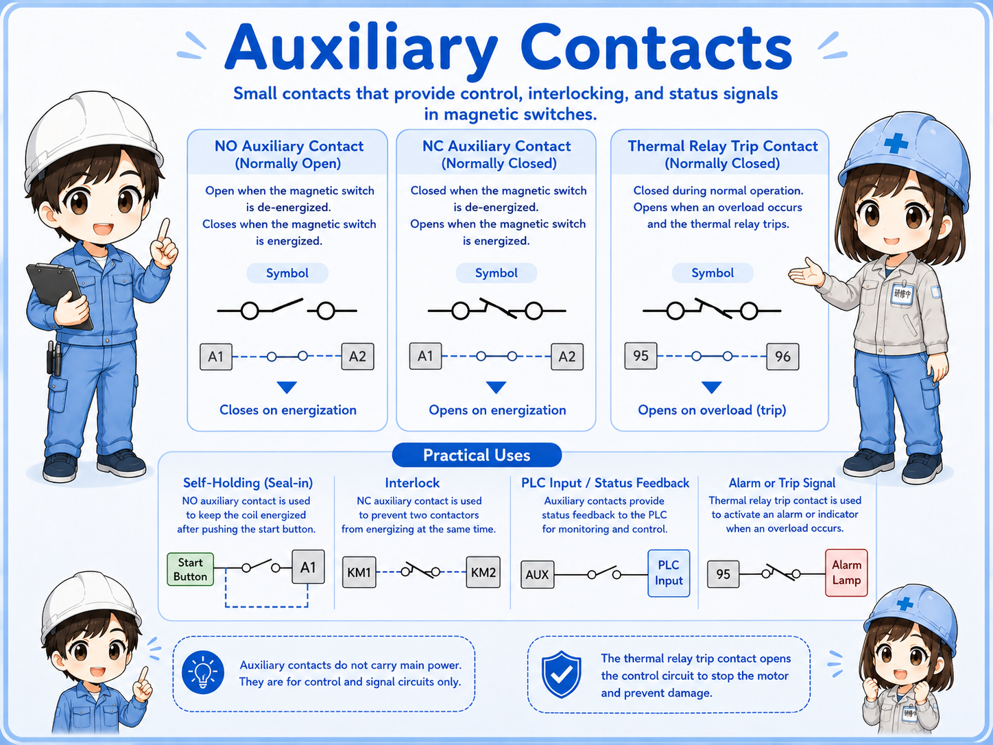 Auxiliary contacts and thermal relay trip contact in a motor starter circuit