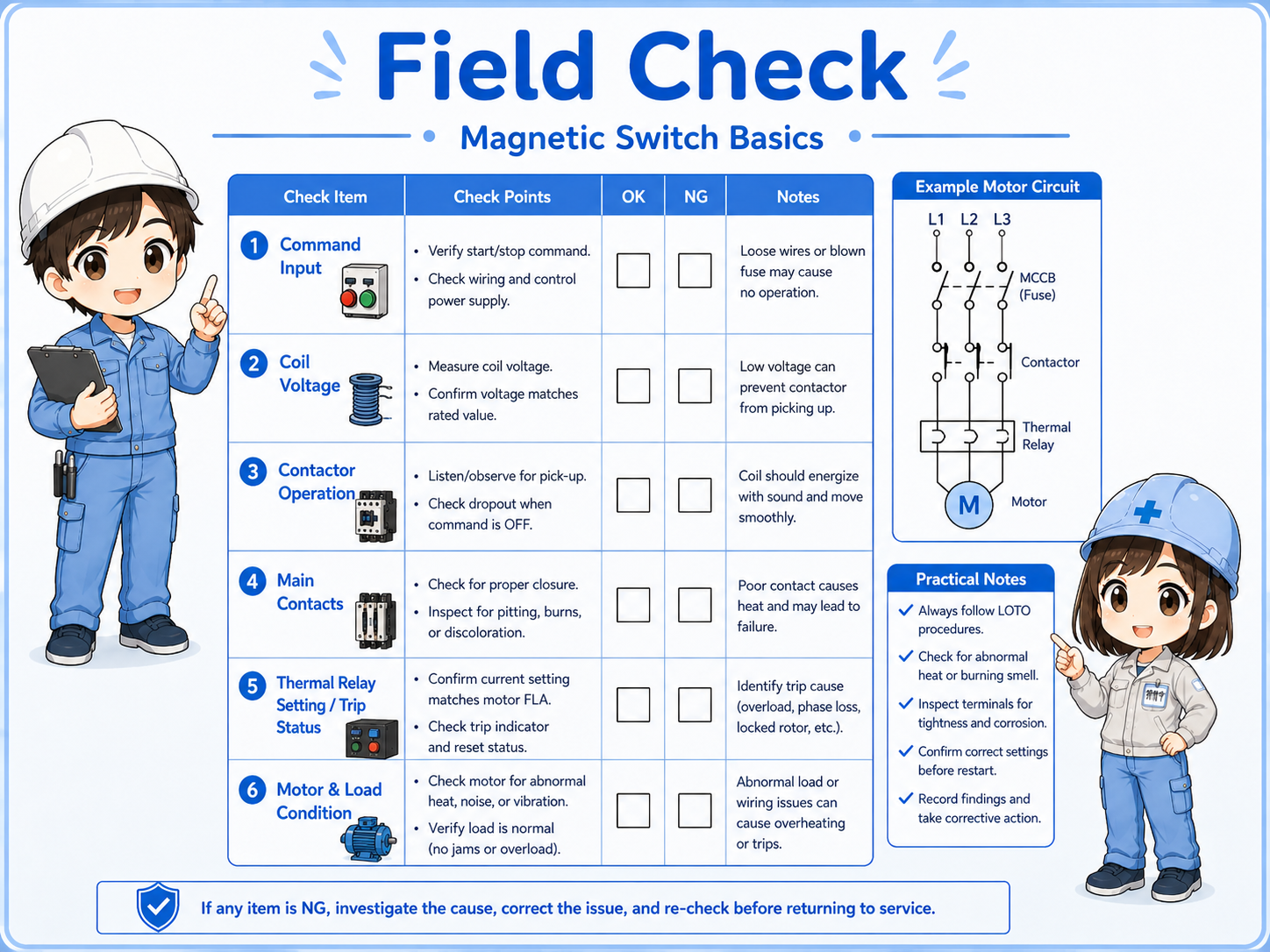 Field check points for magnetic switch contactor and thermal relay troubleshooting