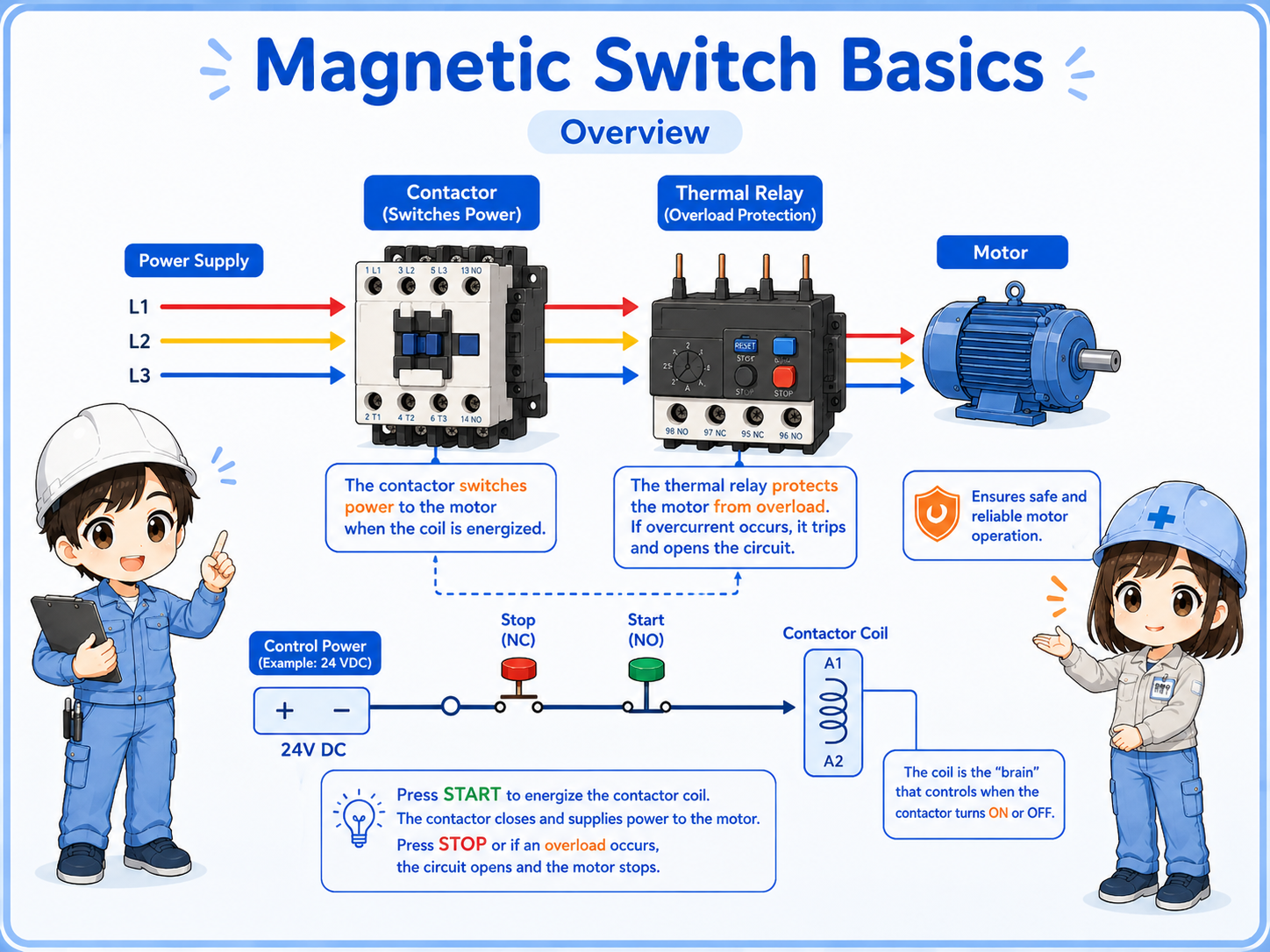Overview of a magnetic switch with contactor and thermal relay for motor control