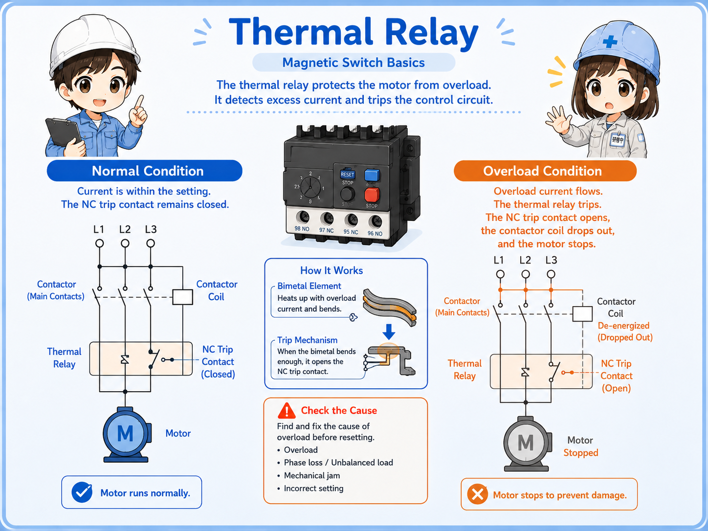 Thermal relay overload trip contact in a magnetic switch circuit
