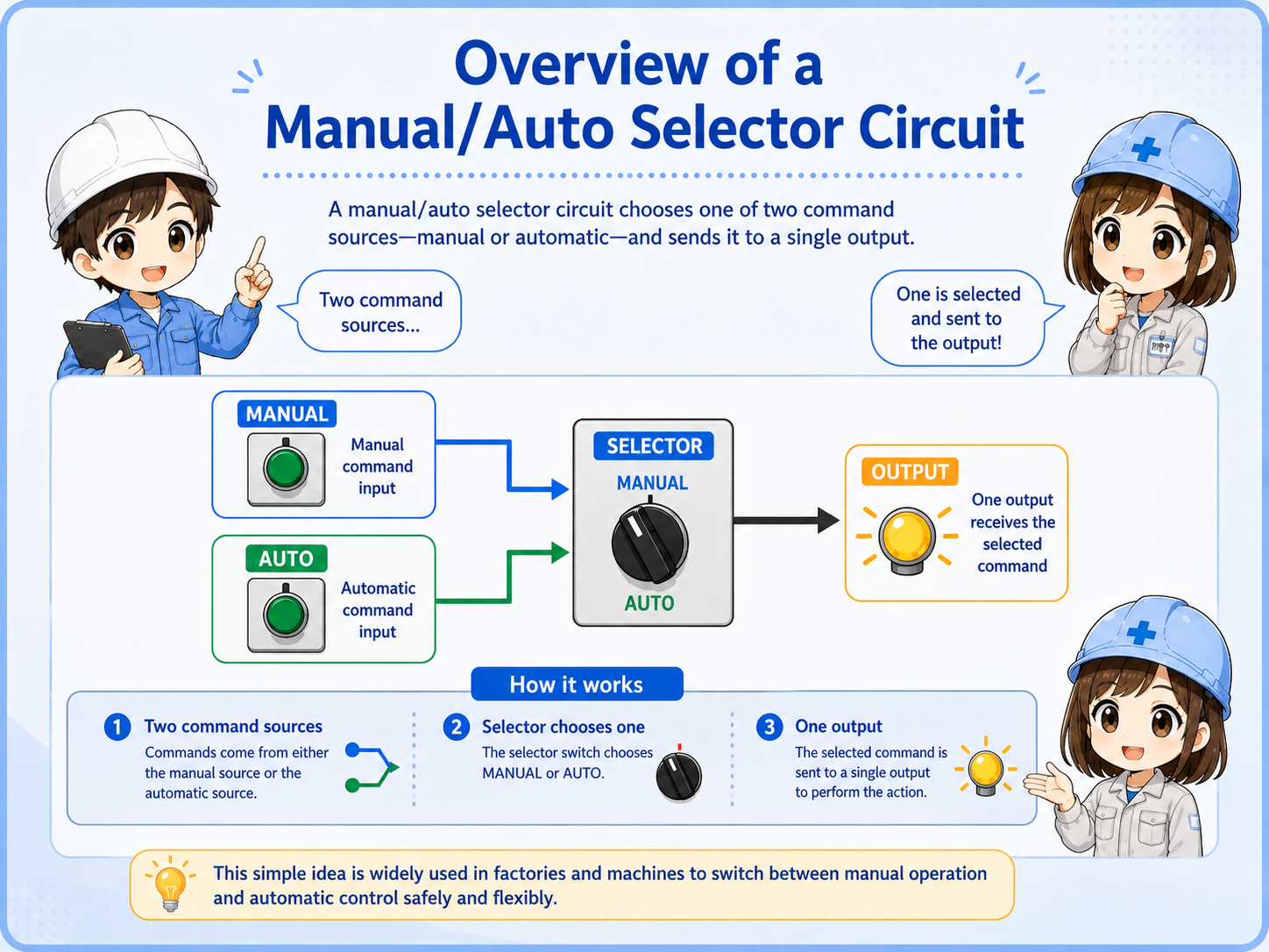 Overview of a manual auto selector circuit with two command paths and one output