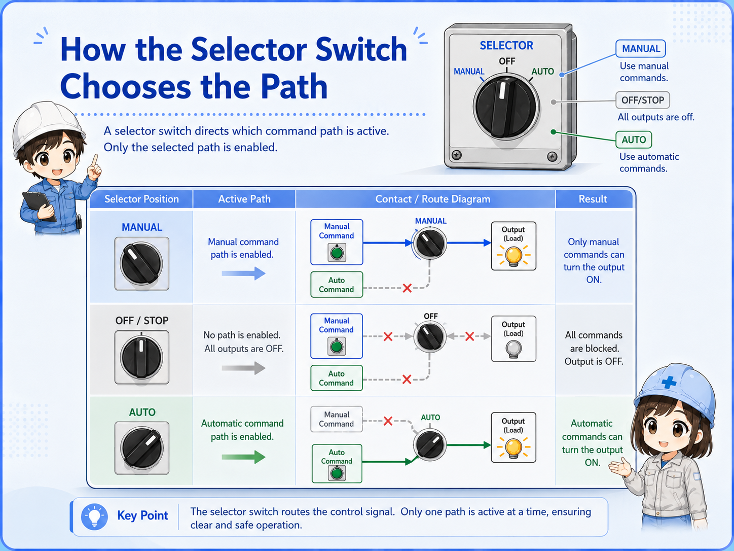 Manual auto selector switch contacts choosing between manual and automatic paths