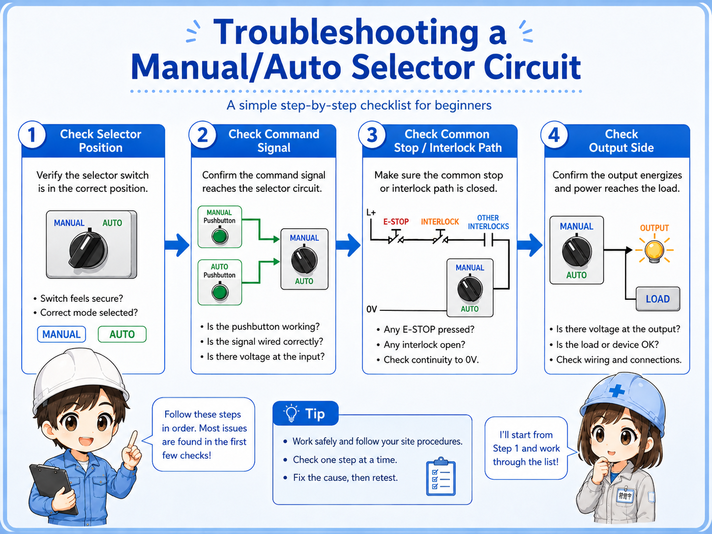 Troubleshooting flow for manual auto selector circuit checking selector position command paths interlocks and output