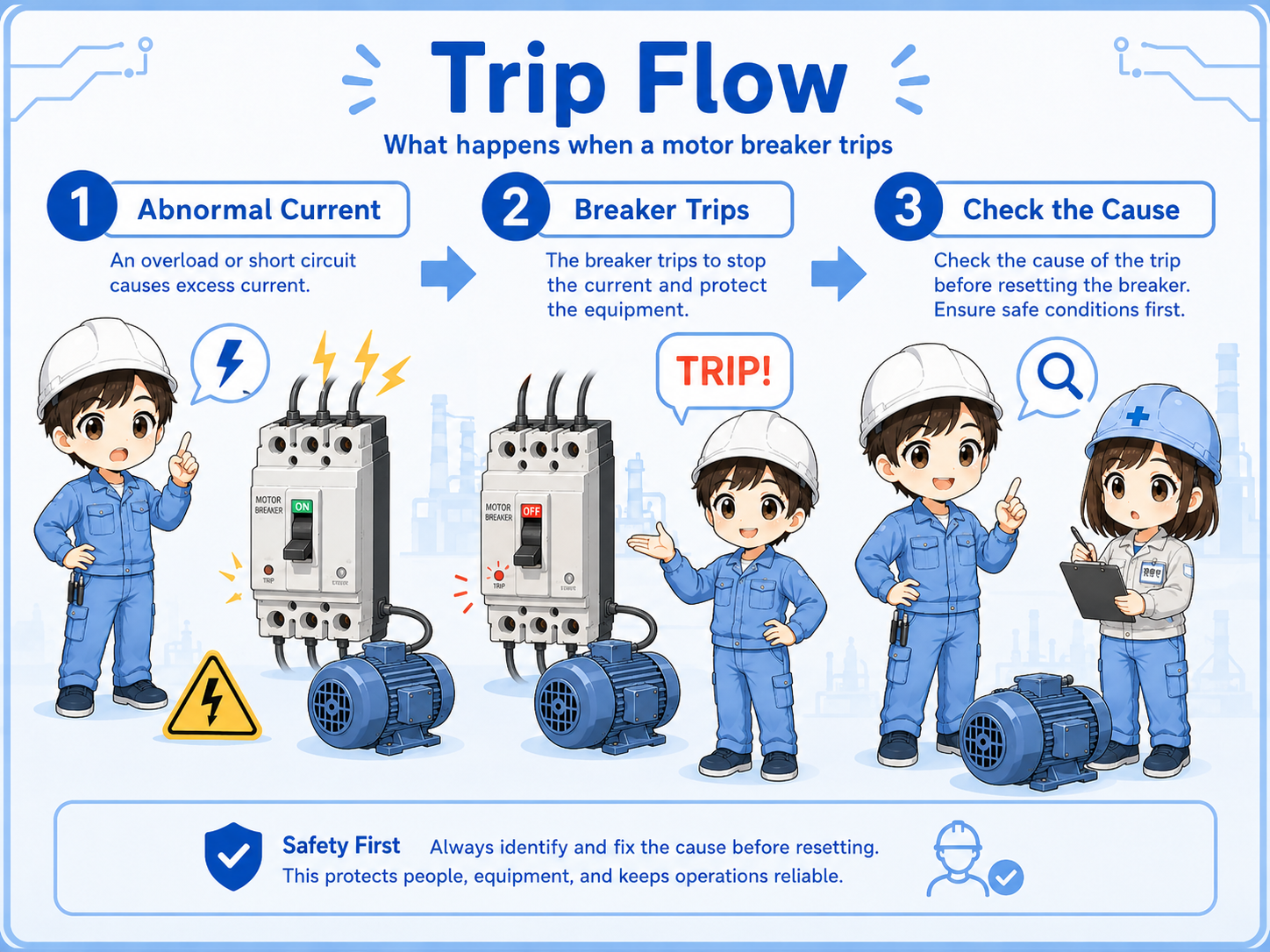 Trip flow of a motor breaker from abnormal current to cause check