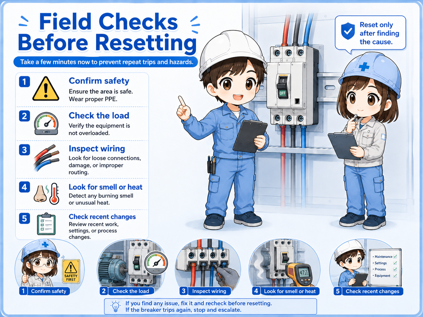 Field checklist for inspecting a tripped no-fuse breaker