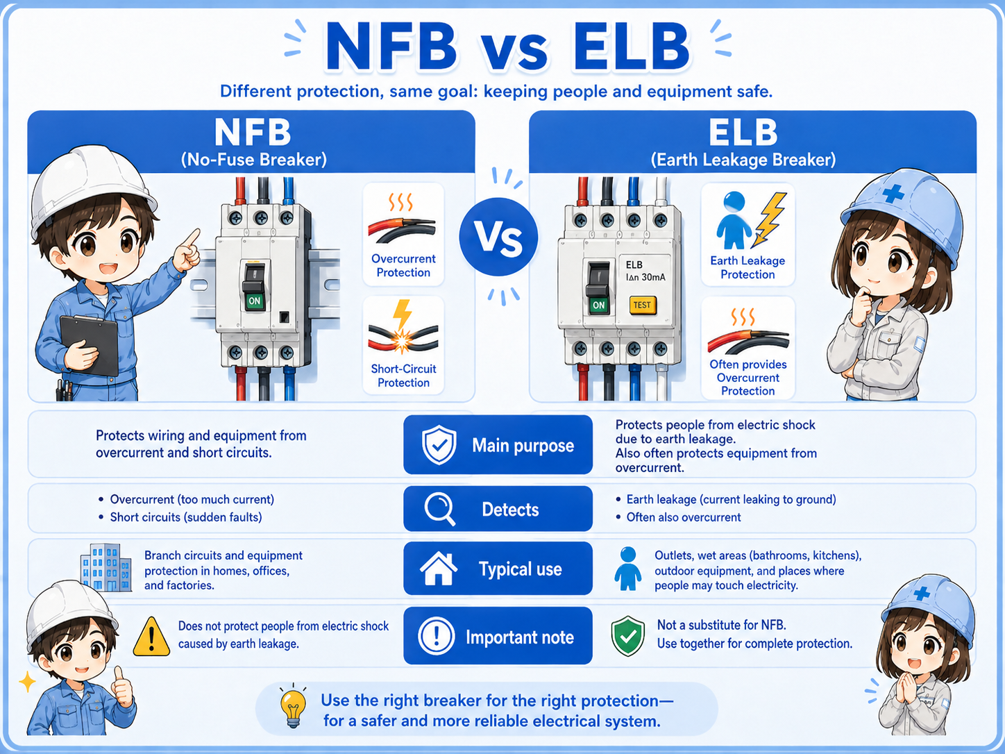 Comparison of no-fuse breaker and earth leakage breaker protection targets