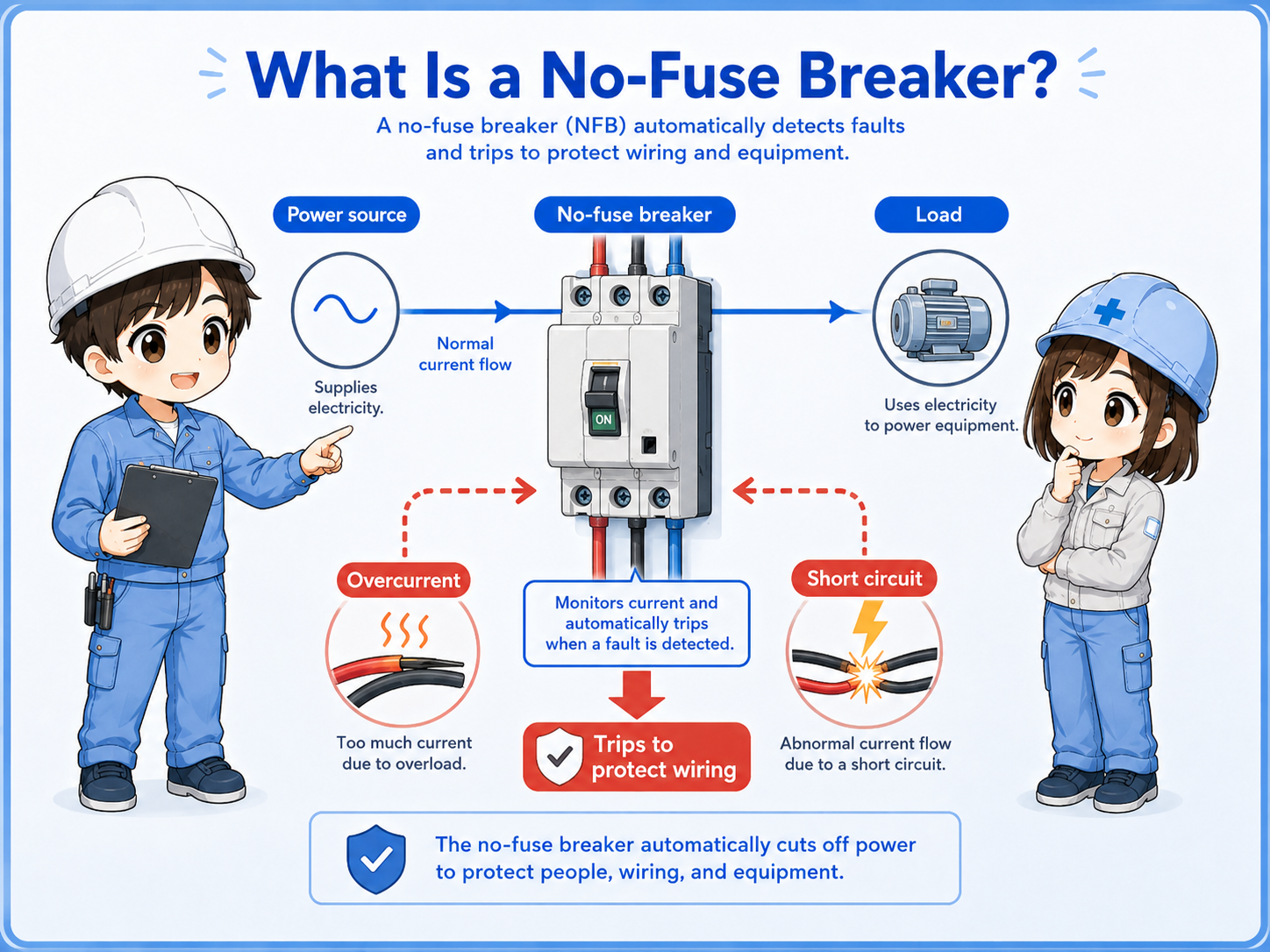 No-fuse breaker protecting wiring from overcurrent in a control panel