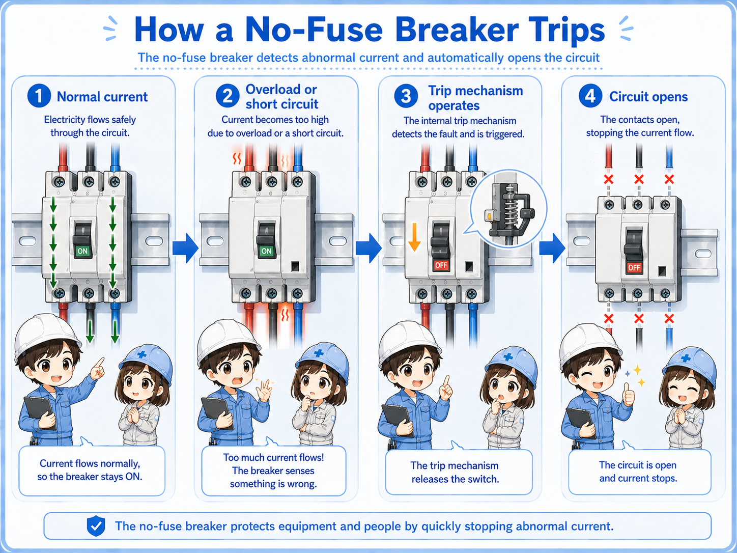 Trip flow showing overload, current rise, breaker detection, and circuit opening
