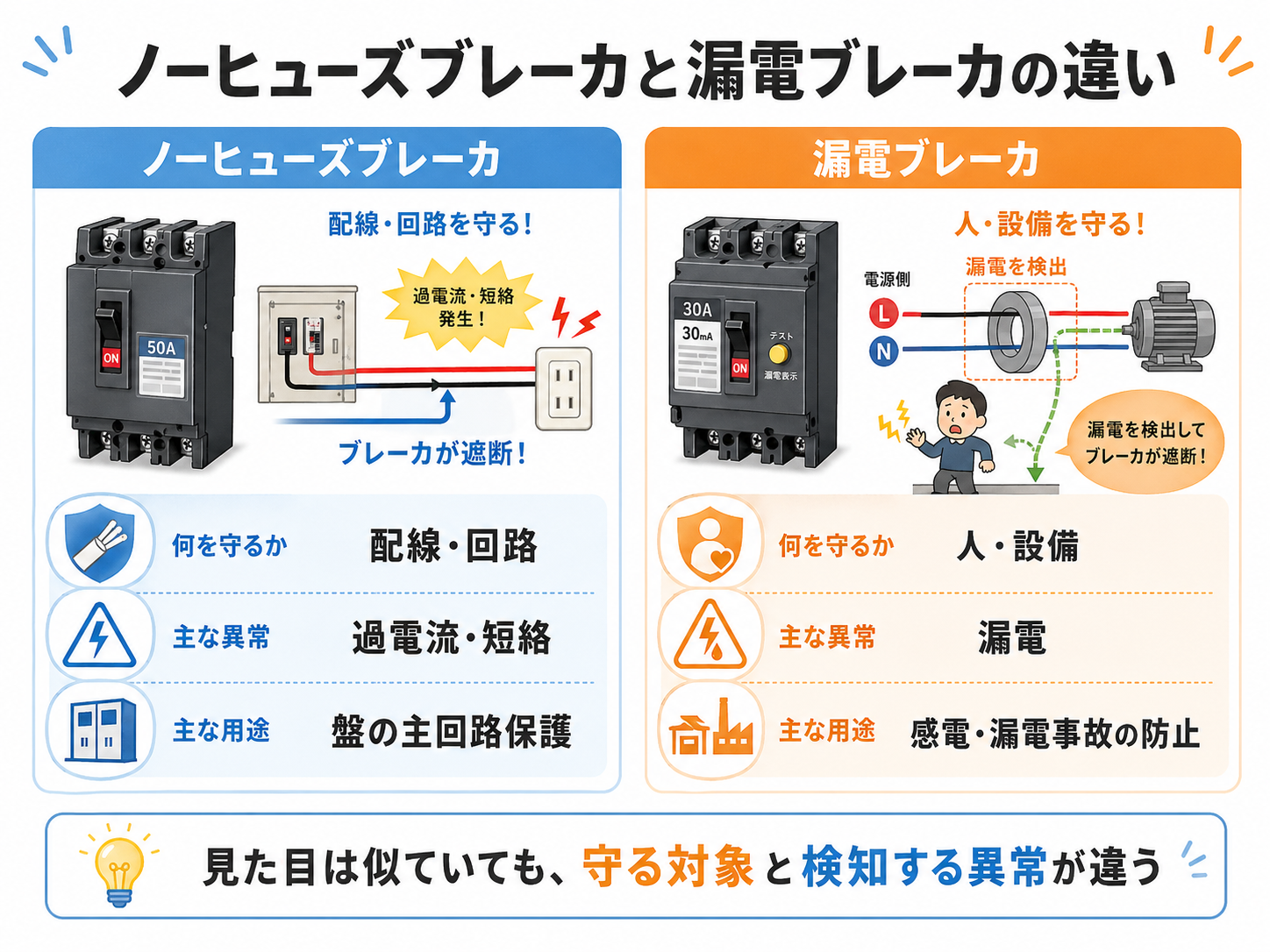 ノーヒューズブレーカと漏電ブレーカの違いを比較する図解