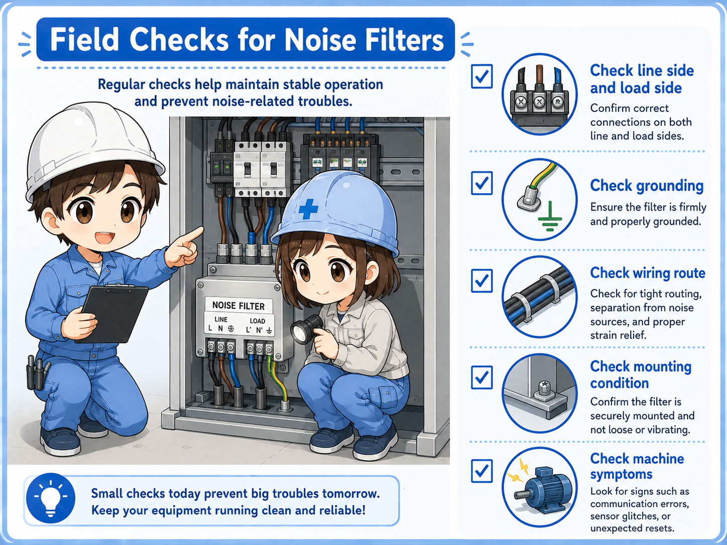 Field checklist for noise filters including line side load side grounding wiring route and nearby signal cables