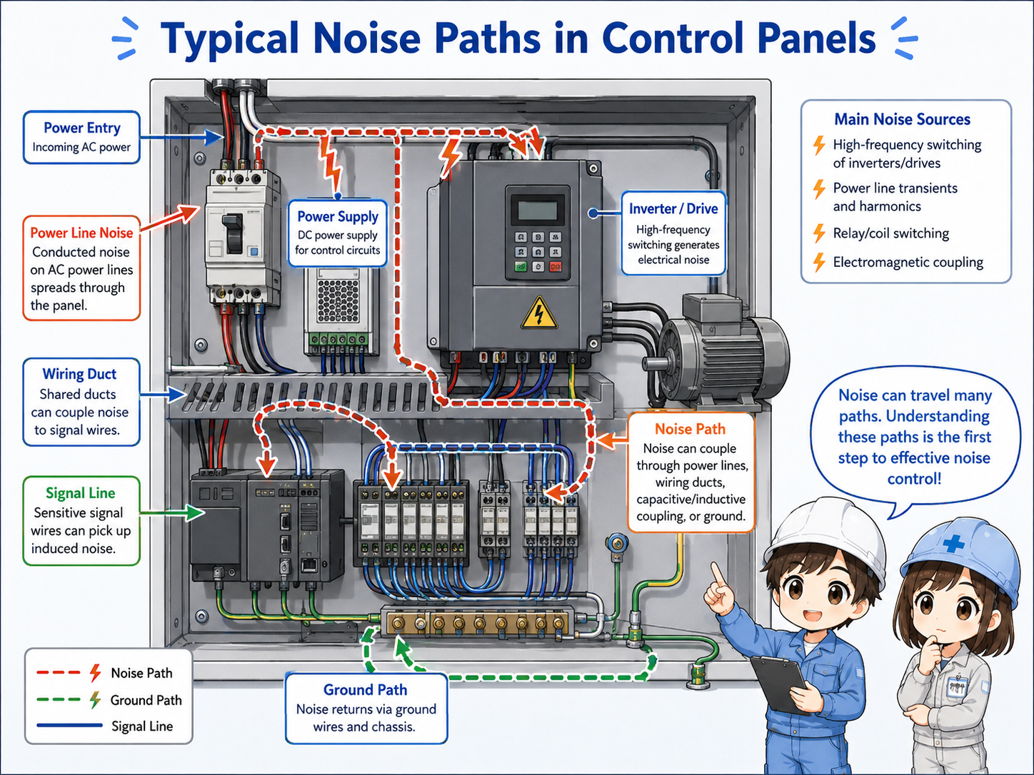Diagram showing electrical noise path from inverter power wiring through a filter and toward sensitive control wiring