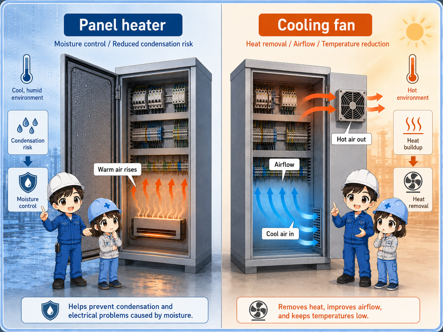 Comparison of a panel heater for condensation prevention and a cooling fan for heat removal