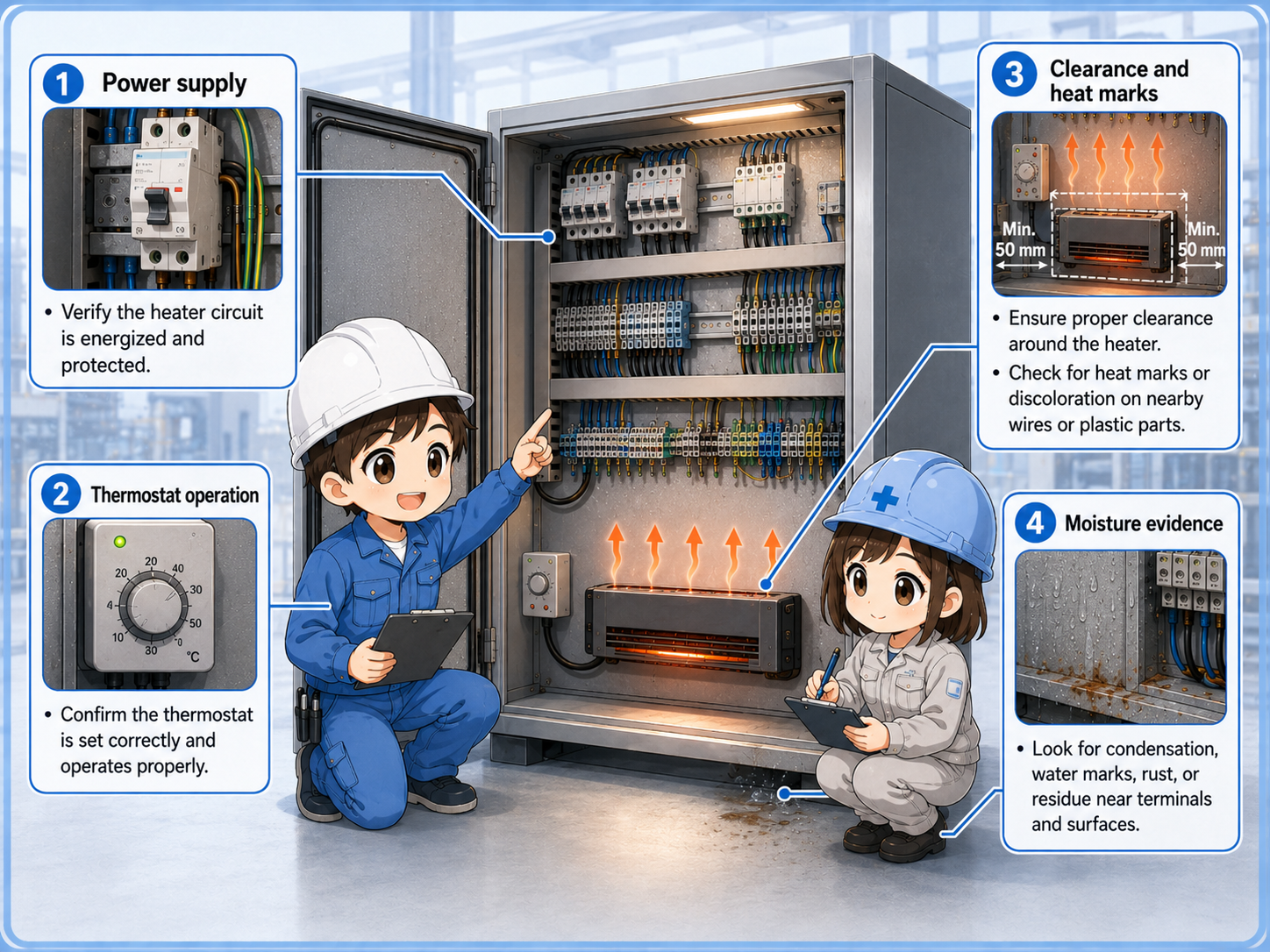 Field check points for a panel heater including power, thermostat, wiring, clearance, and moisture marks