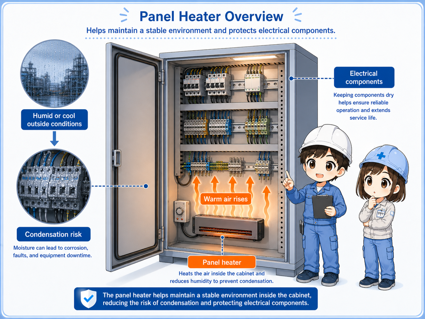 Overview of a panel heater warming air inside a control cabinet to reduce condensation risk