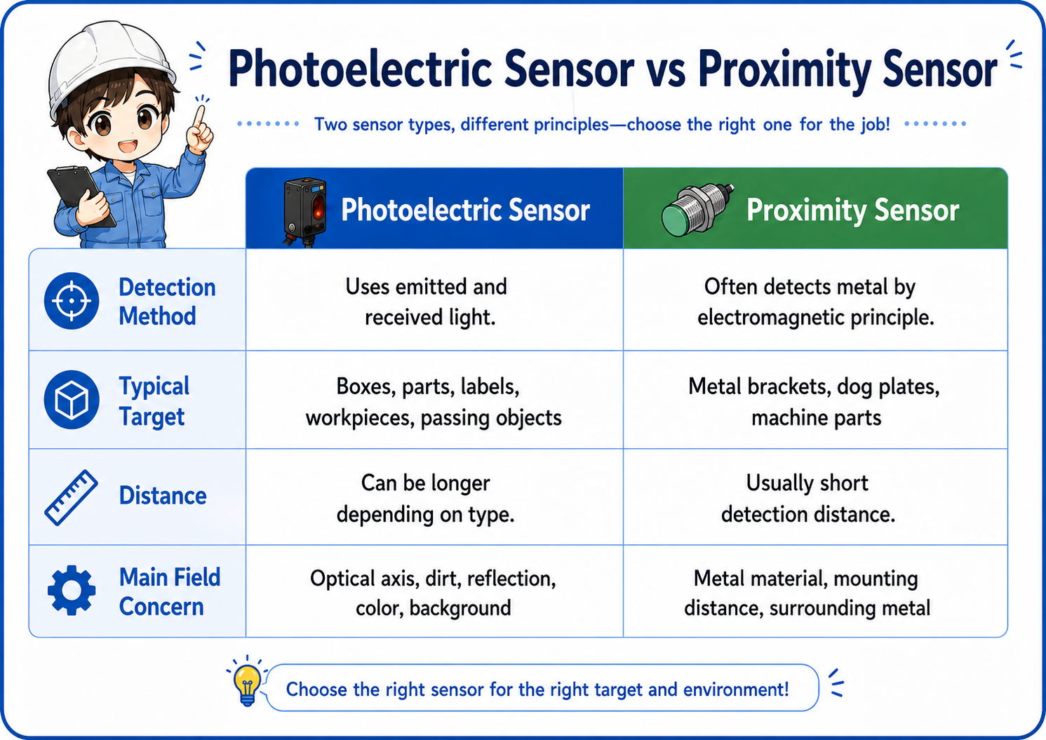 Comparison of photoelectric sensors and proximity sensors for detection method, targets, and practical field concerns