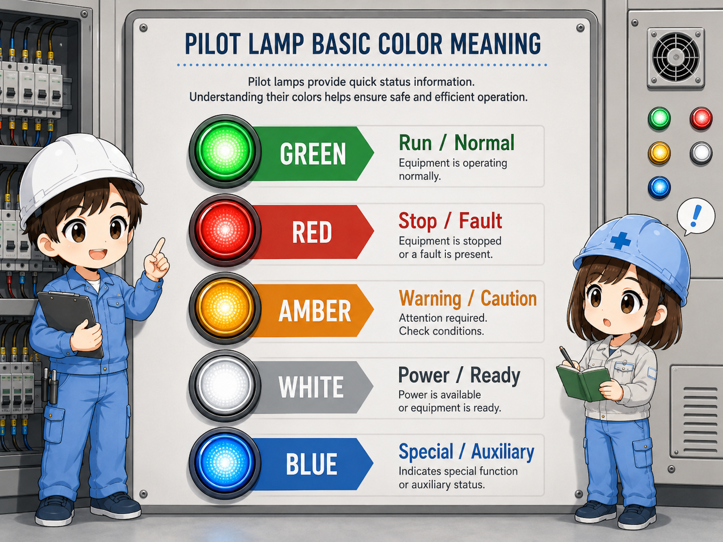 Common pilot lamp colors such as green, red, amber, white, and blue with typical status meanings